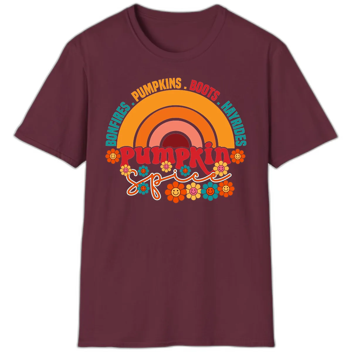Retro Pumpkin Spice Rainbow T-Shirt in Maroon