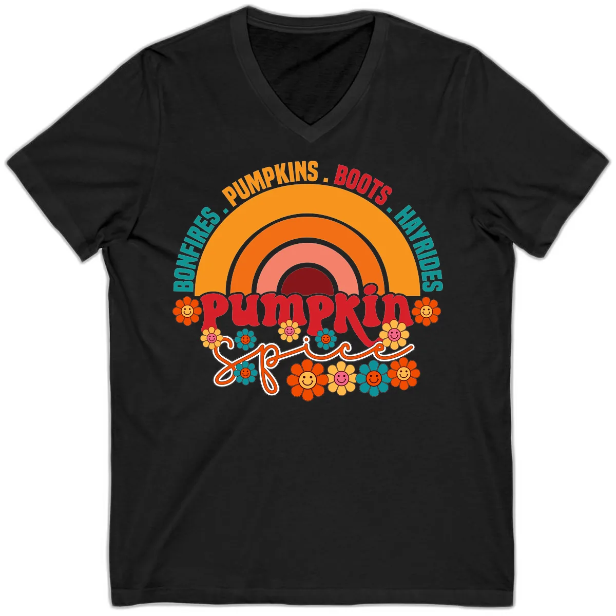 Retro Pumpkin Spice Rainbow V-Neck in Black