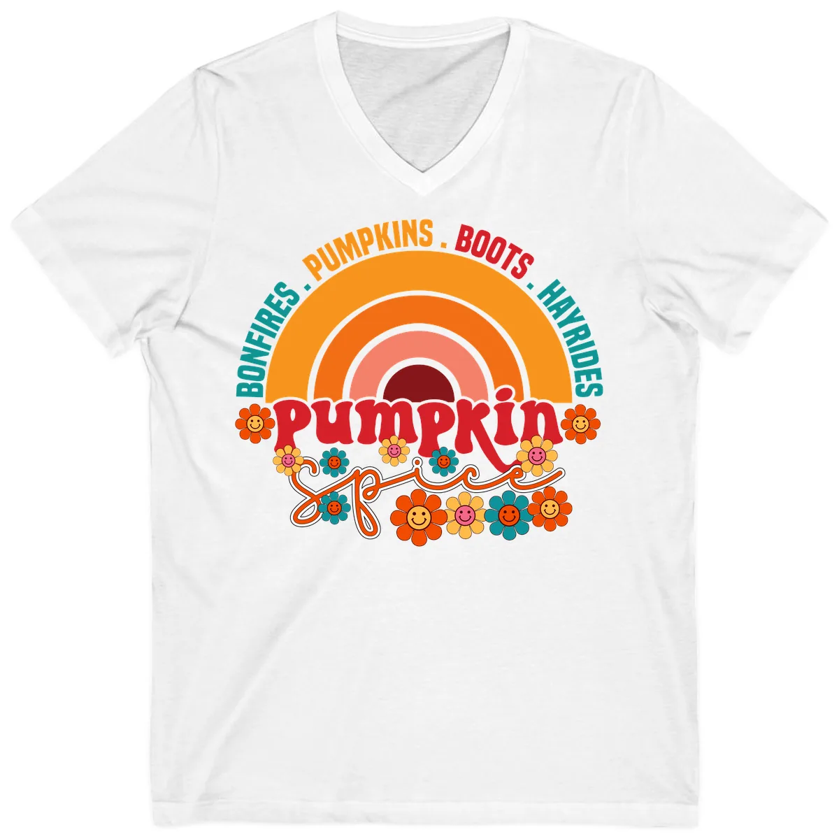 Retro Pumpkin Spice Rainbow V-Neck in White