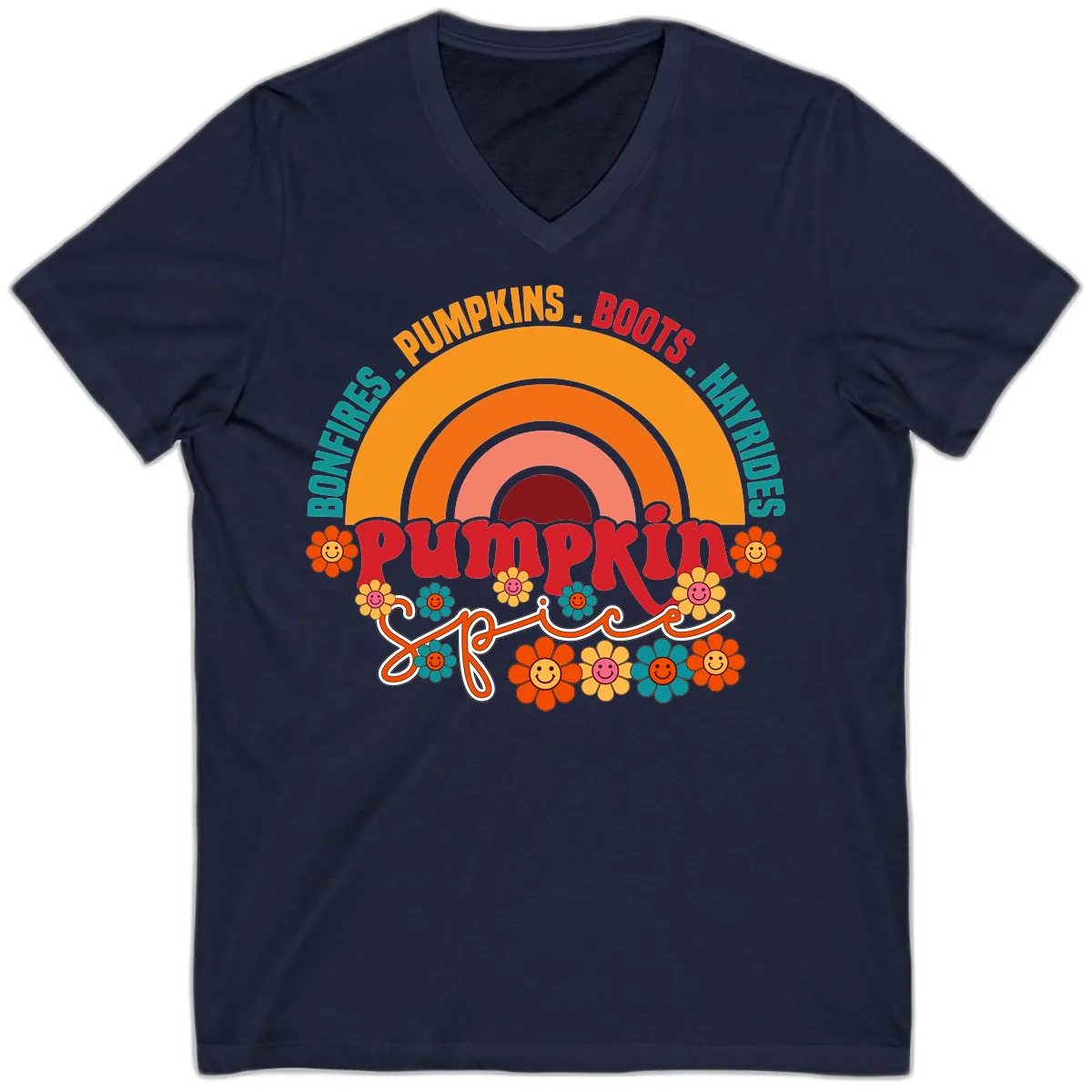 Retro Pumpkin Spice Rainbow V-Neck in Navy