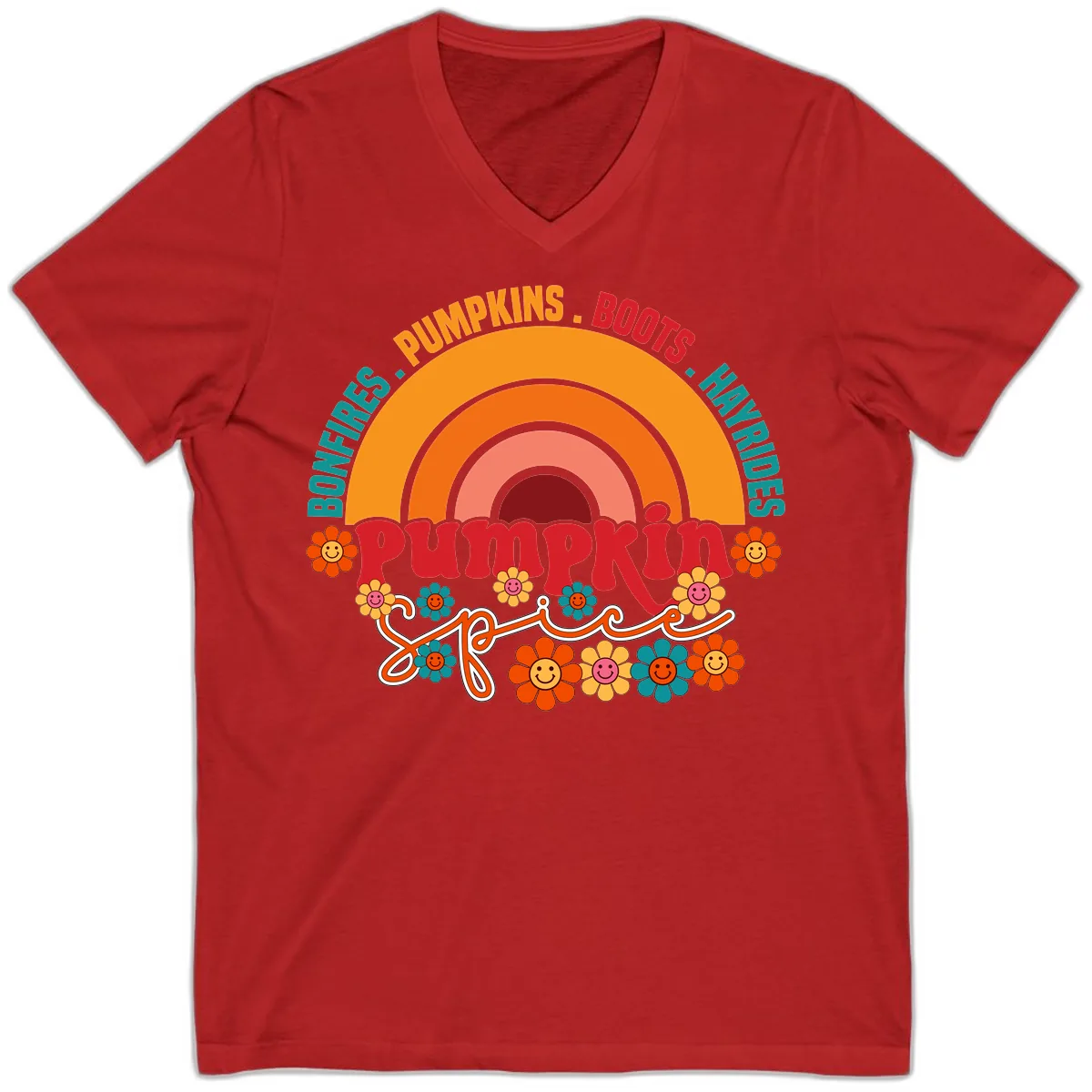 Retro Pumpkin Spice Rainbow V-Neck in Red