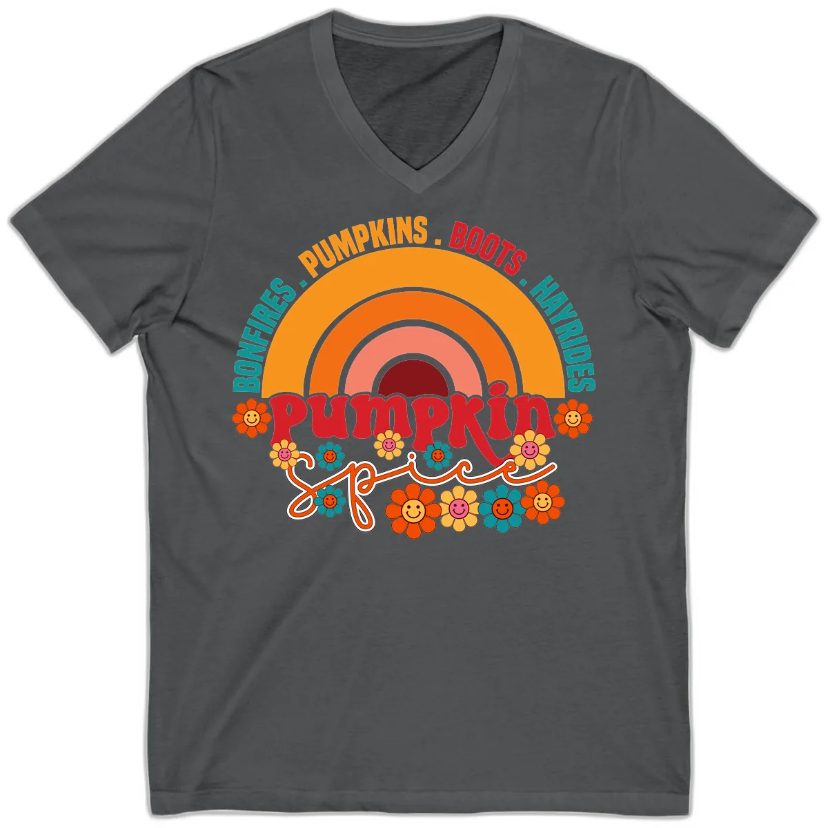 Retro Pumpkin Spice Rainbow V-Neck in Asphalt