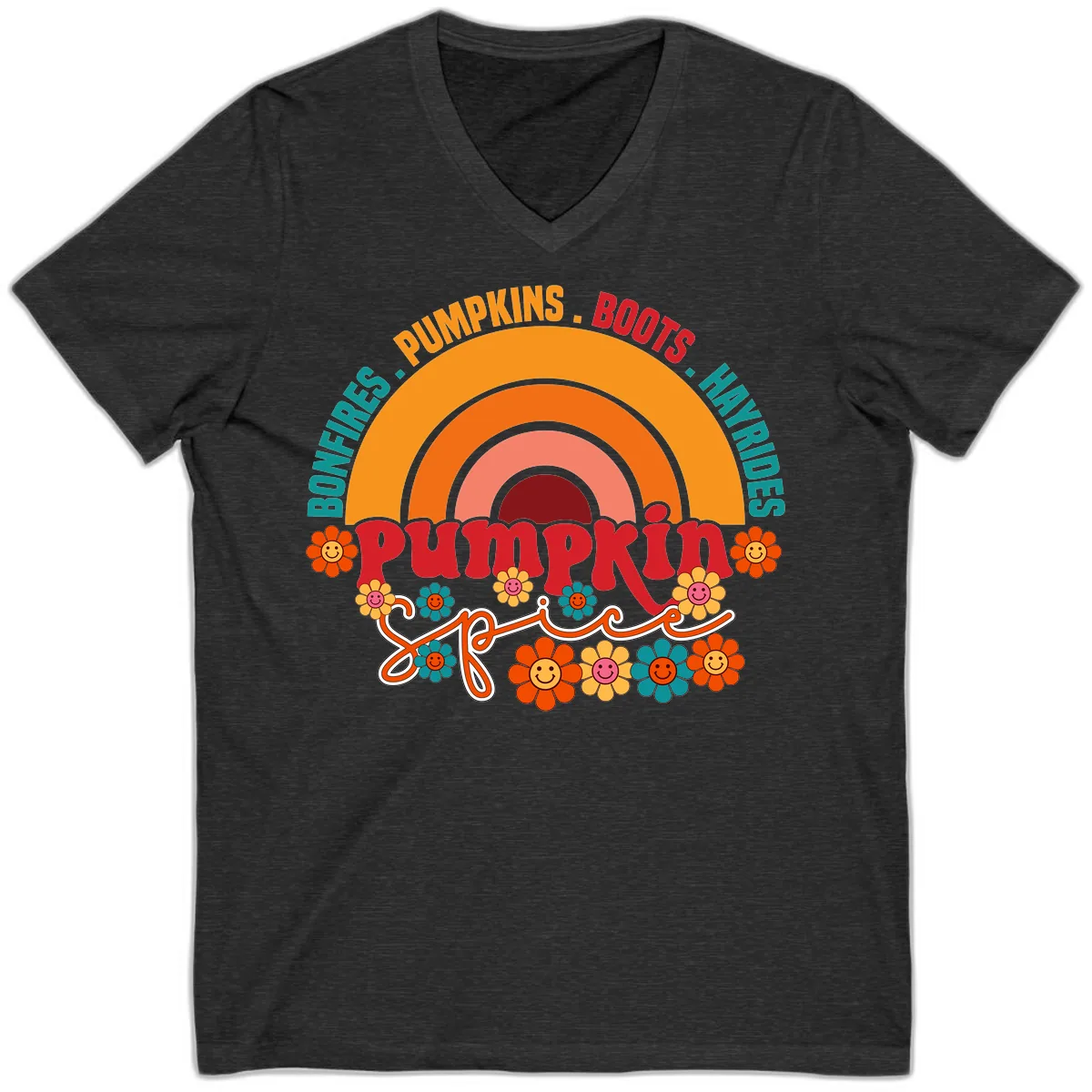 Retro Pumpkin Spice Rainbow V-Neck in Dark Grey Heather