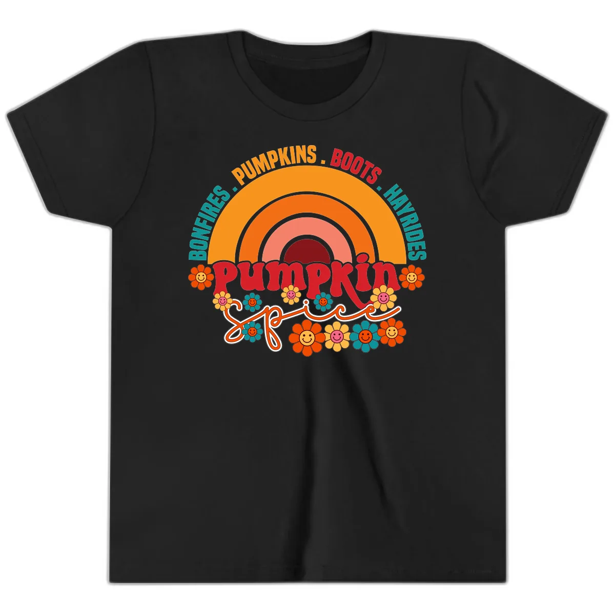 Retro Pumpkin Spice Rainbow Youth T-Shirt in Black