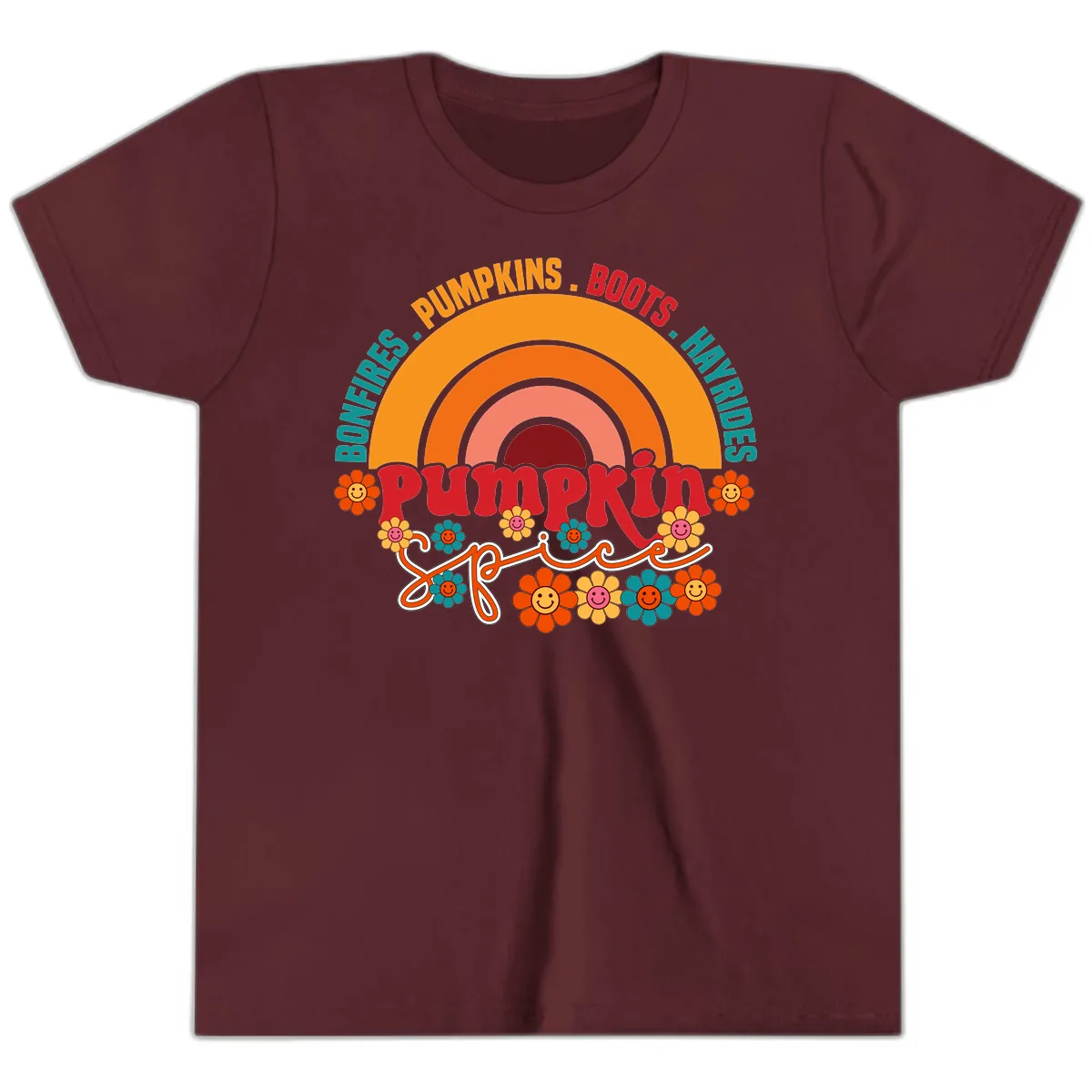 Retro Pumpkin Spice Rainbow Youth T-Shirt in Maroon
