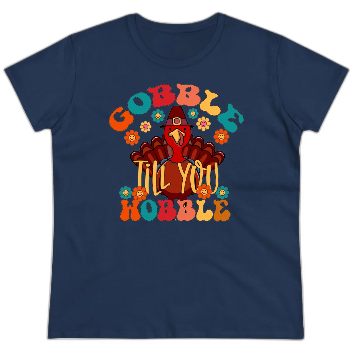 Gobble Till You Wobble Turkey Design Ladies Tee in Navy