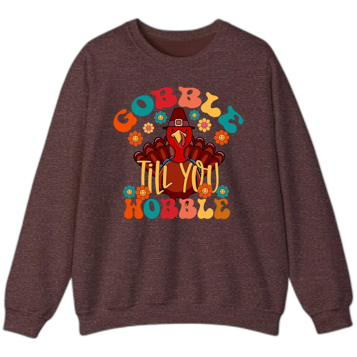 Gobble Till You Wobble Turkey Design Sweatshirt in Heather Sport Dark Maroon