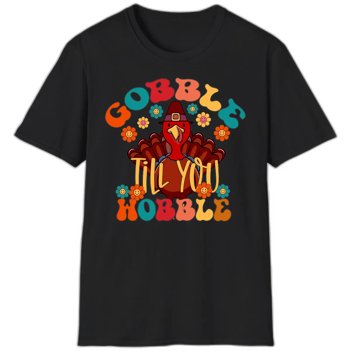 Gobble Till You Wobble Turkey Design T-Shirt in Black