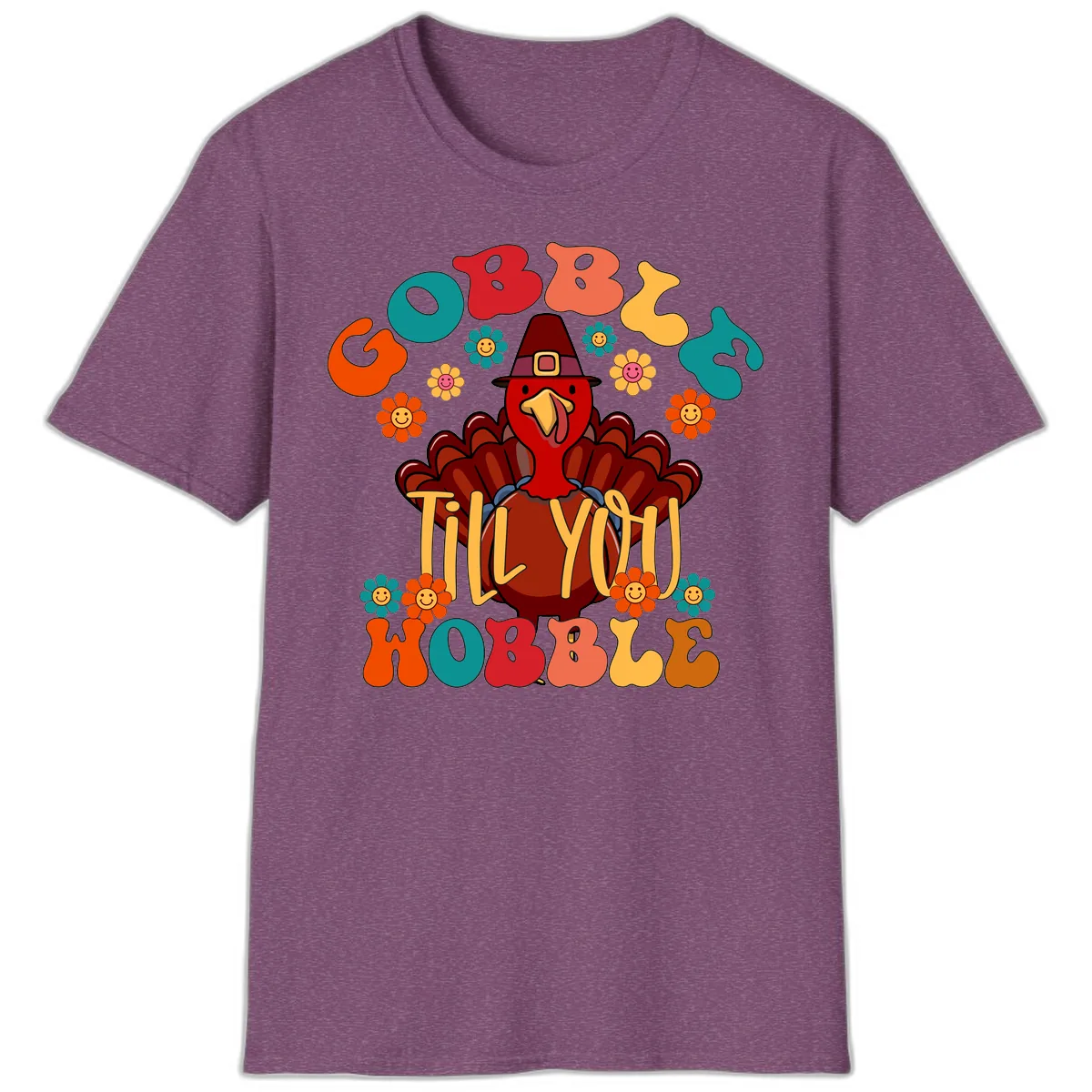 Gobble Till You Wobble Turkey Design T-Shirt in Heather Maroon