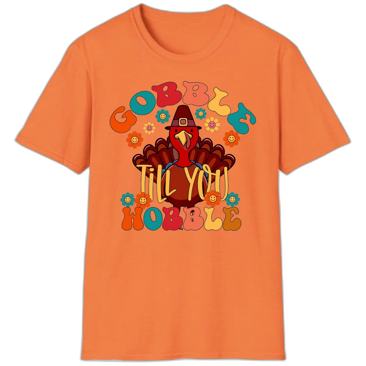 Gobble Till You Wobble Turkey Design T-Shirt in Heather Orange