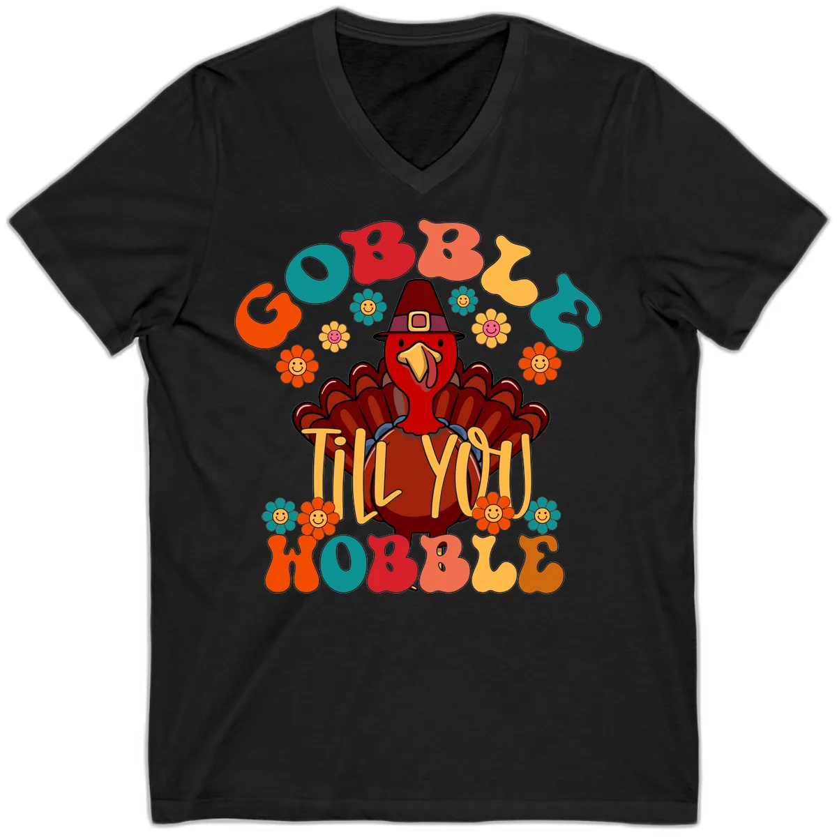 Gobble Till You Wobble Turkey Design V-Neck in Black