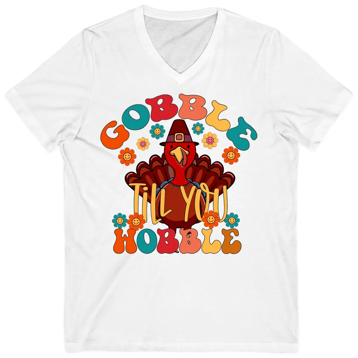 Gobble Till You Wobble Turkey Design V-Neck in White
