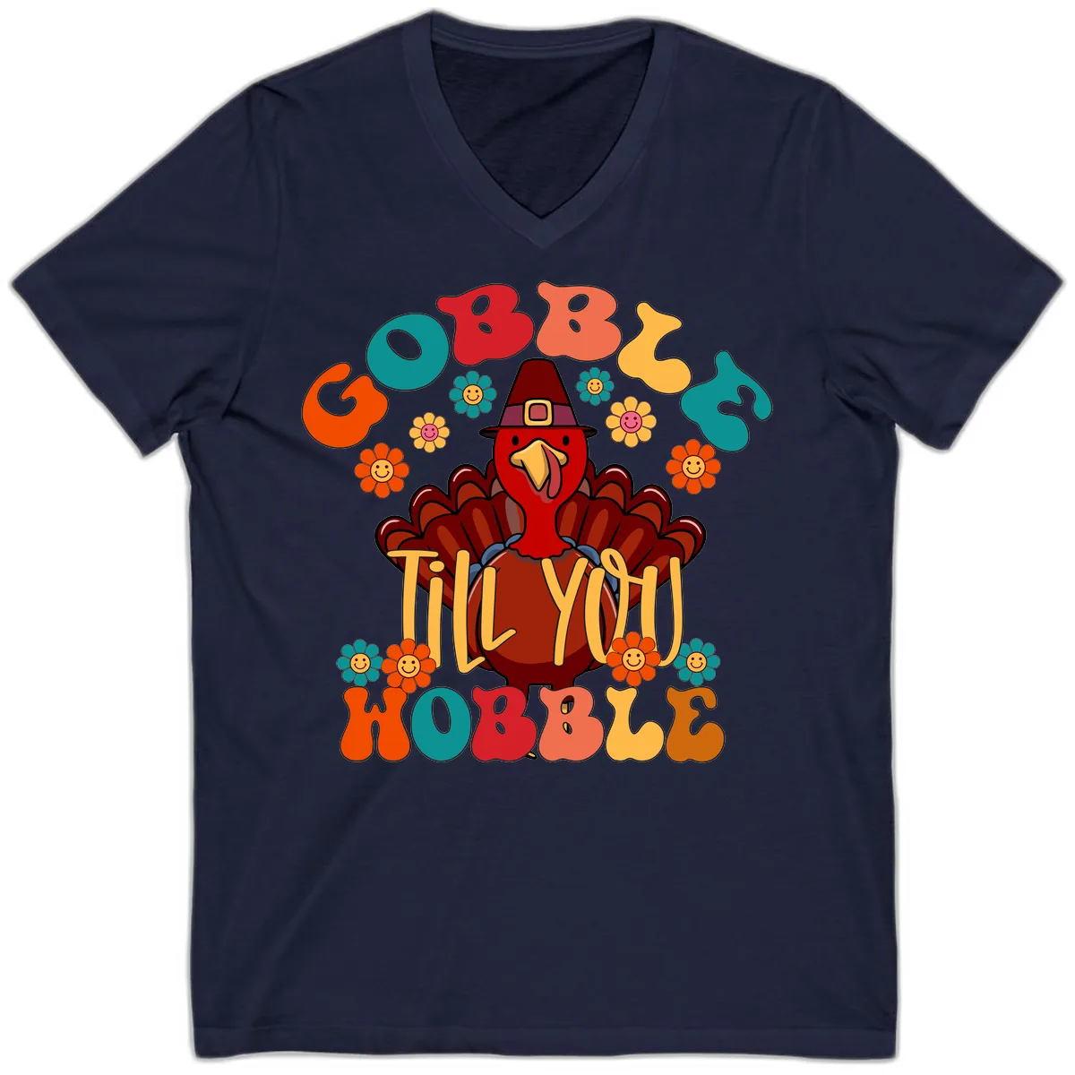 Gobble Till You Wobble Turkey Design V-Neck in Navy