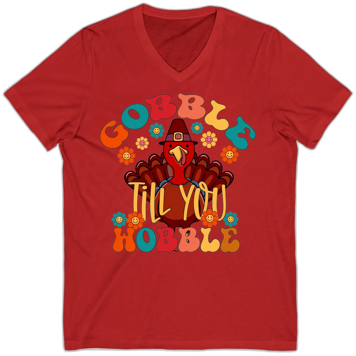 Gobble Till You Wobble Turkey Design V-Neck in Red