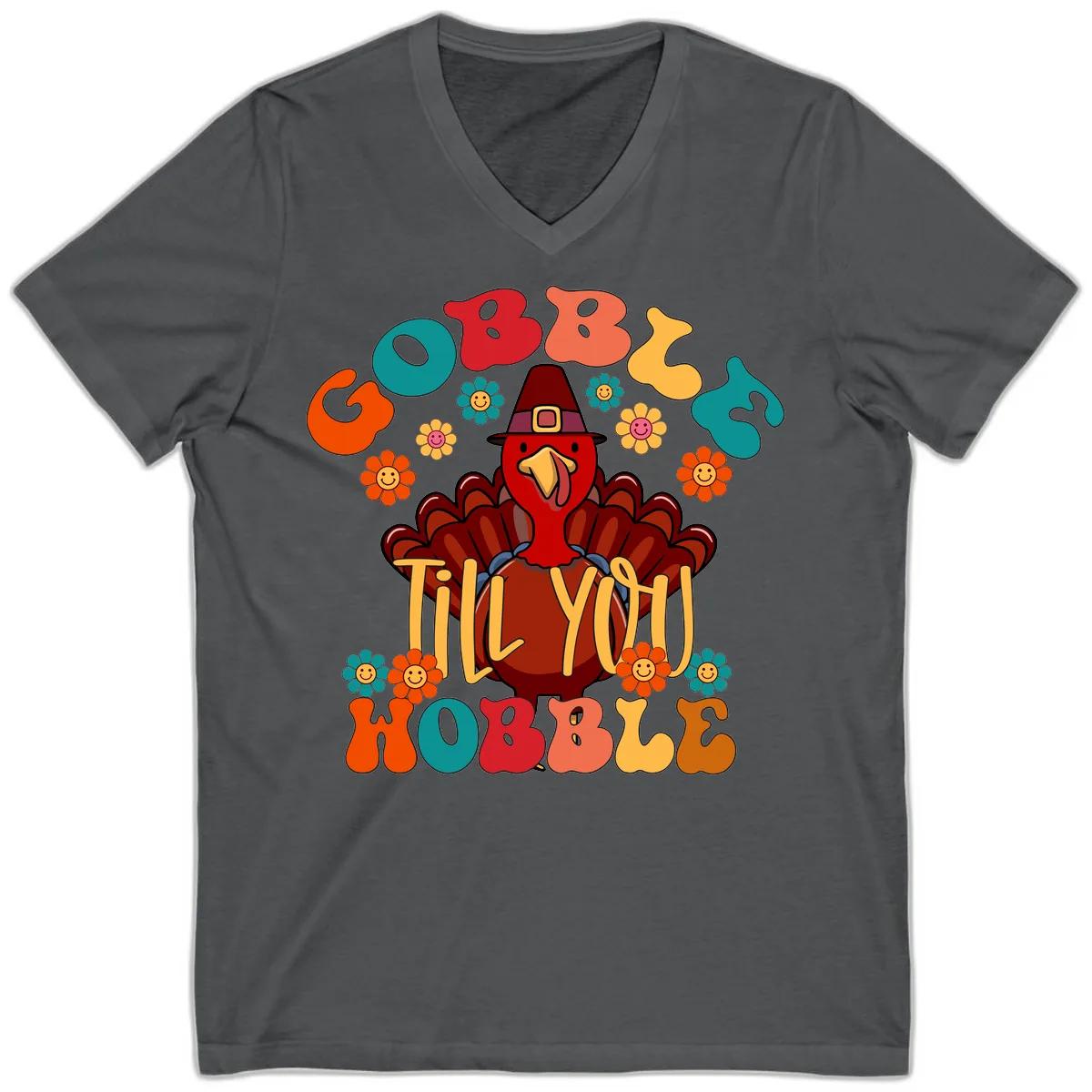Gobble Till You Wobble Turkey Design V-Neck in Asphalt