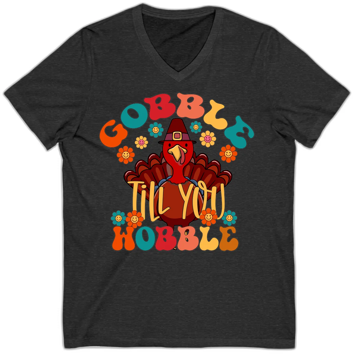 Gobble Till You Wobble Turkey Design V-Neck in Dark Grey Heather