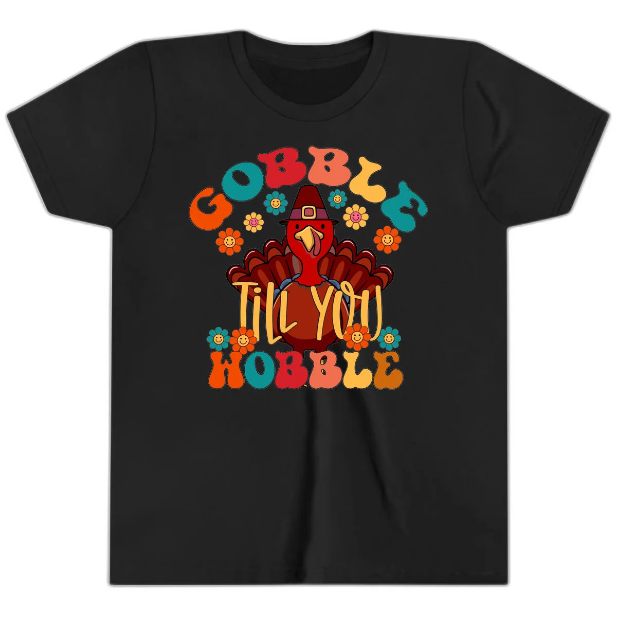 Gobble Till You Wobble Turkey Design Youth T-Shirt in Black
