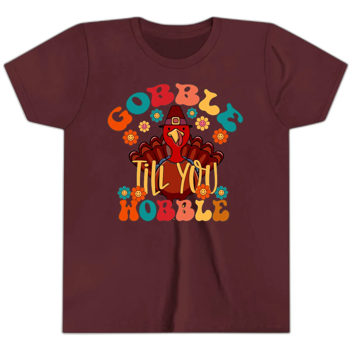 Gobble Till You Wobble Turkey Design Youth T-Shirt in Maroon