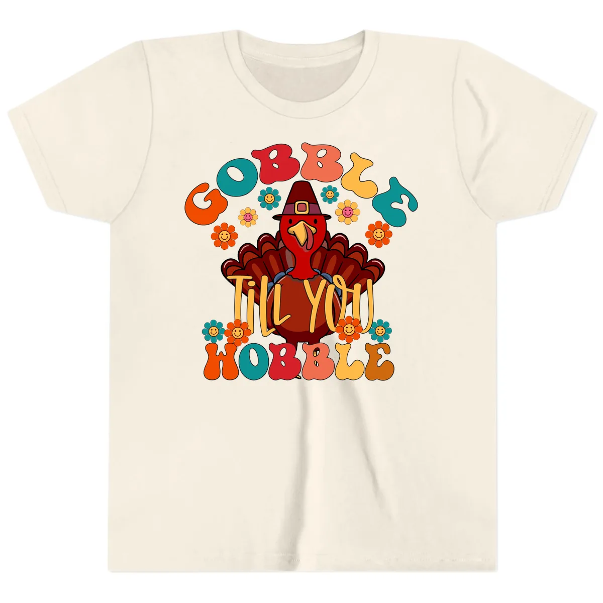 Gobble Till You Wobble Turkey Design Youth T-Shirt in Natural