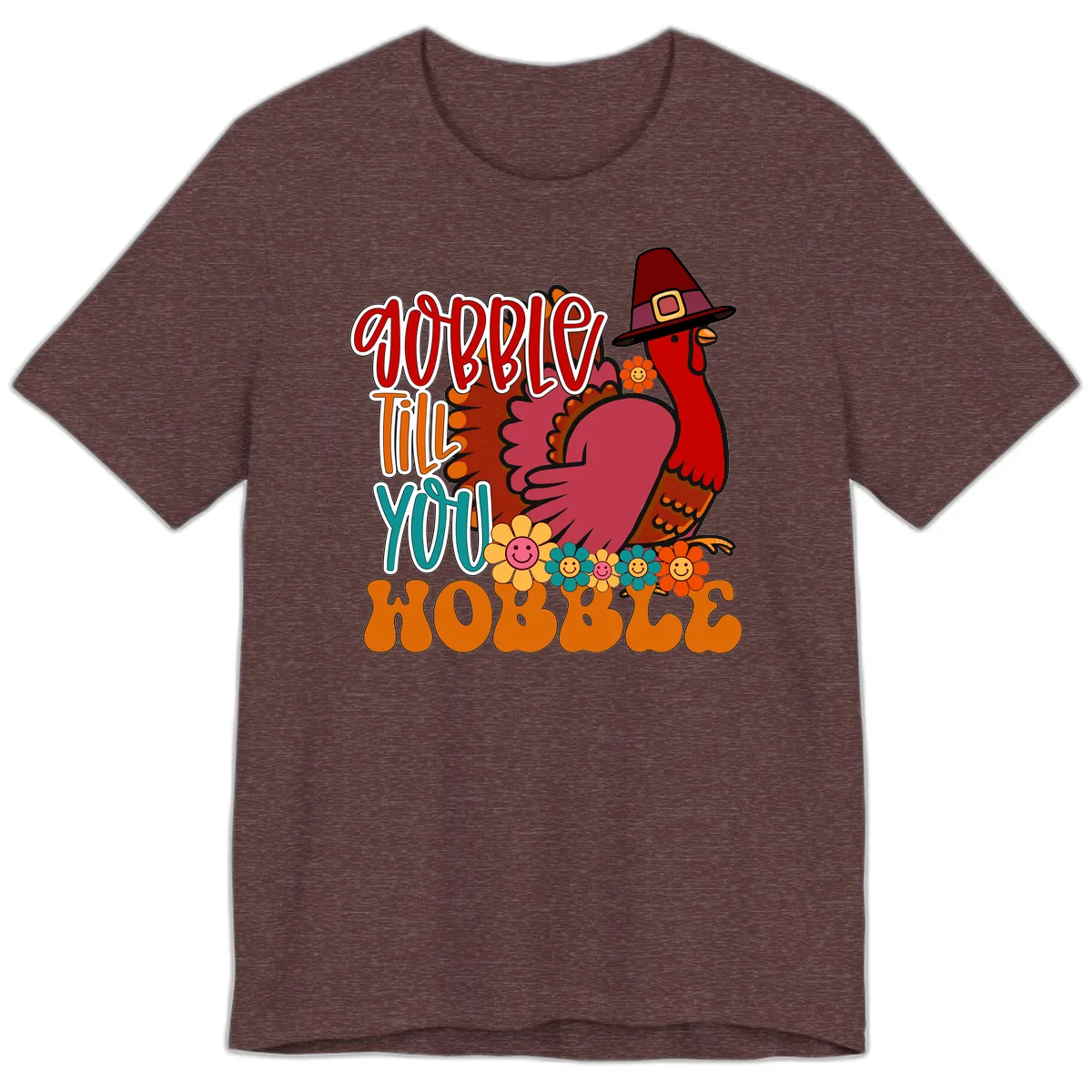 Gobble Till You Hobble Thanksgiving Turkey Premium T-Shirt in Heather Maroon