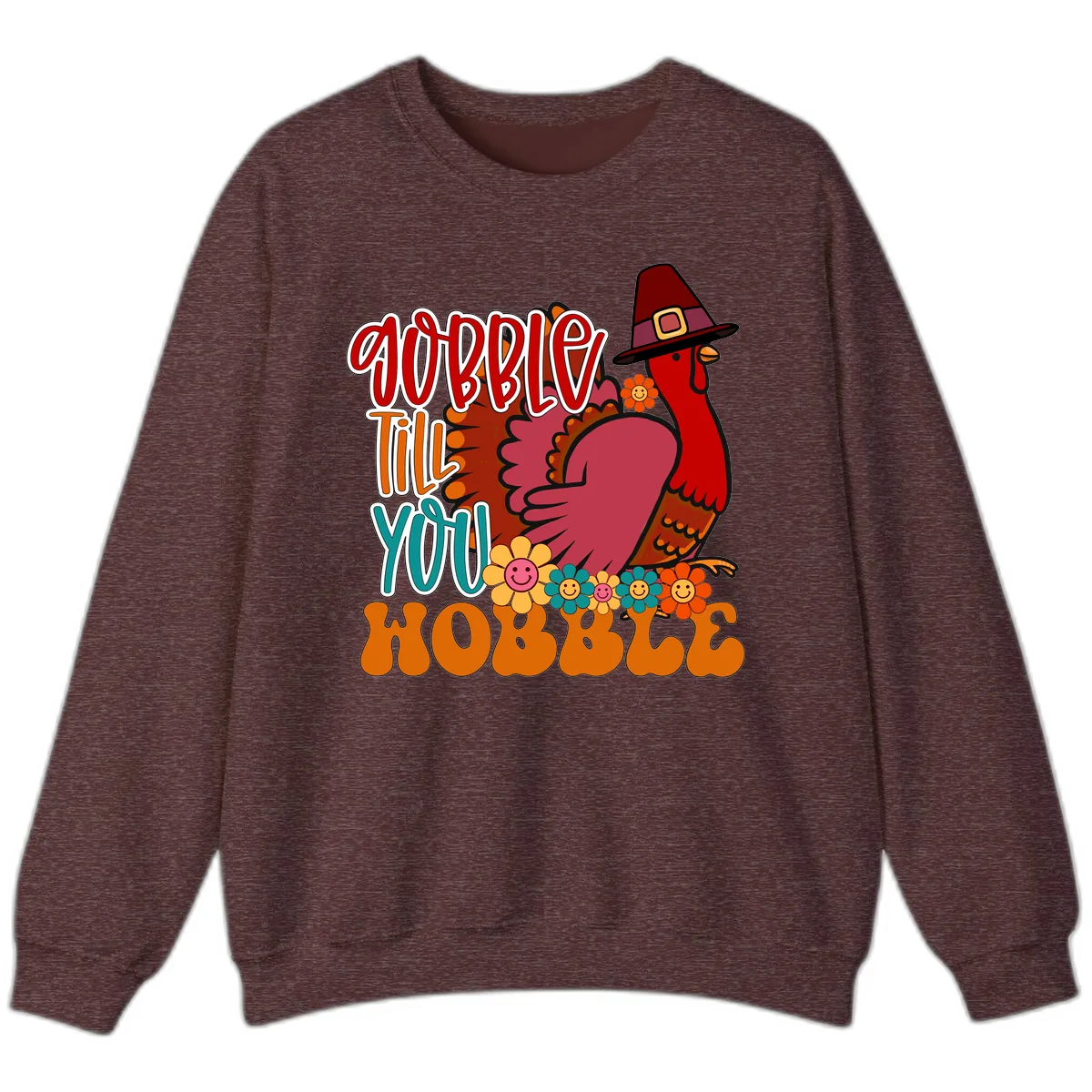 Gobble Till You Hobble Thanksgiving Turkey Sweatshirt in Heather Sport Dark Maroon