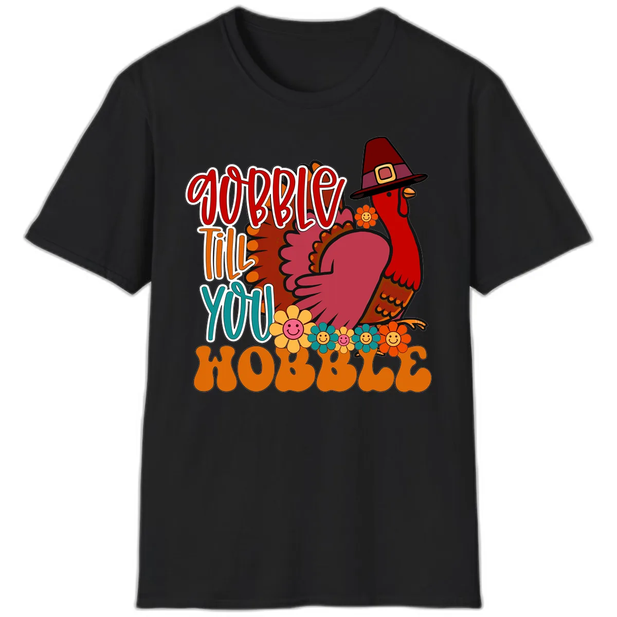 Gobble Till You Hobble Thanksgiving Turkey T-Shirt in Black