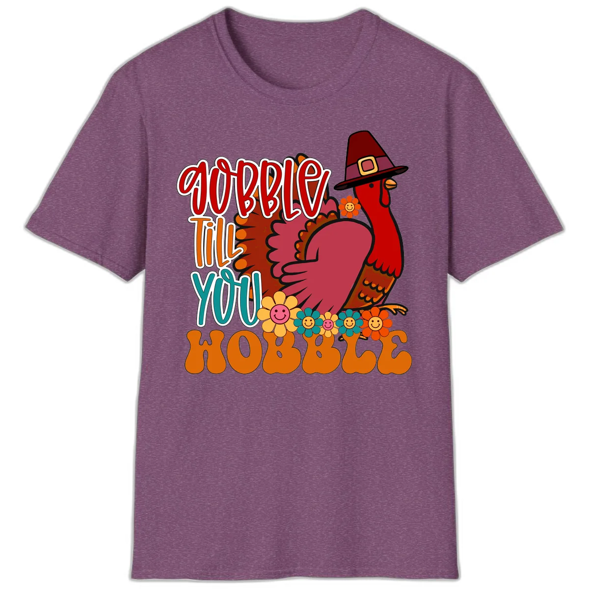 Gobble Till You Hobble Thanksgiving Turkey T-Shirt in Heather Maroon