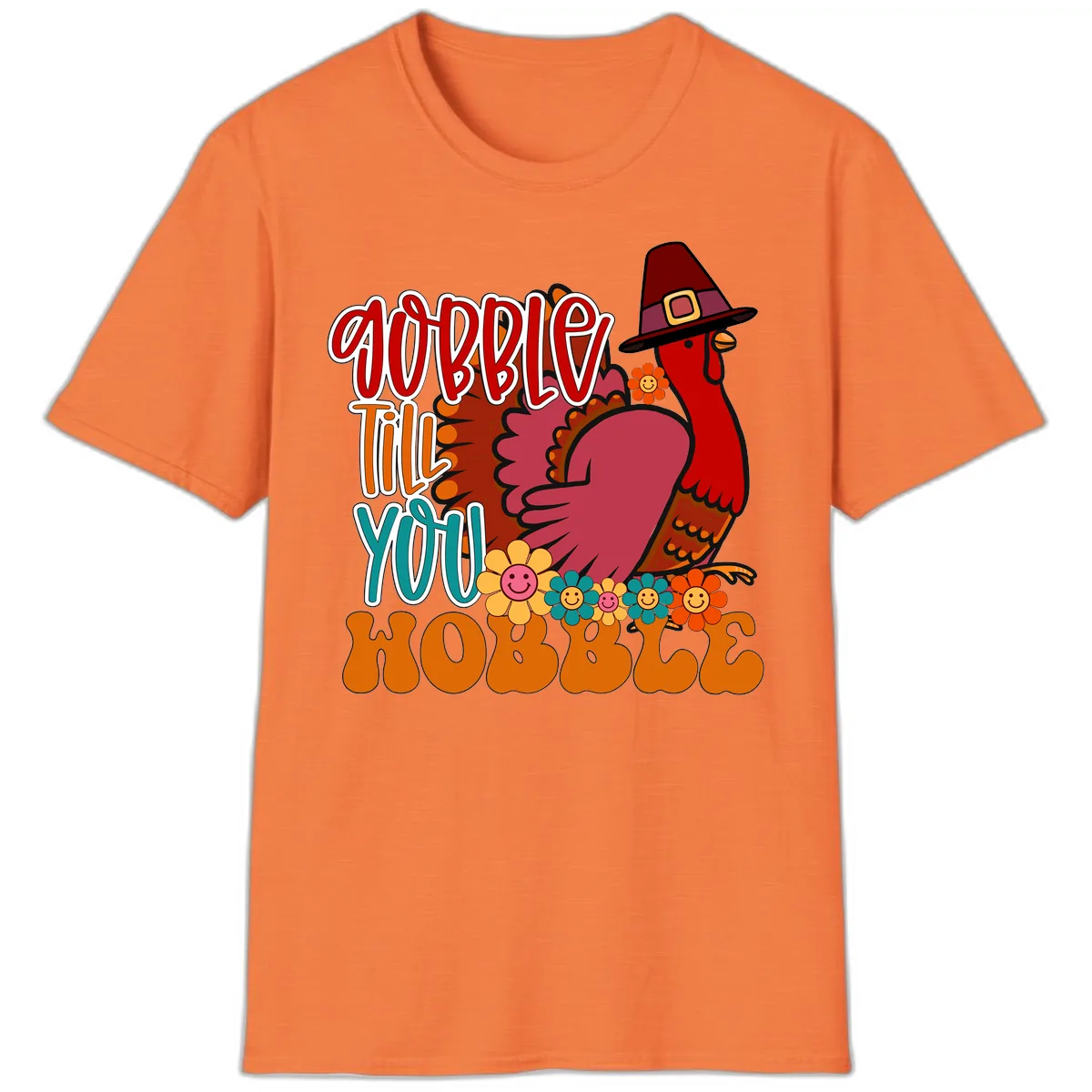 Gobble Till You Hobble Thanksgiving Turkey T-Shirt in Heather Orange