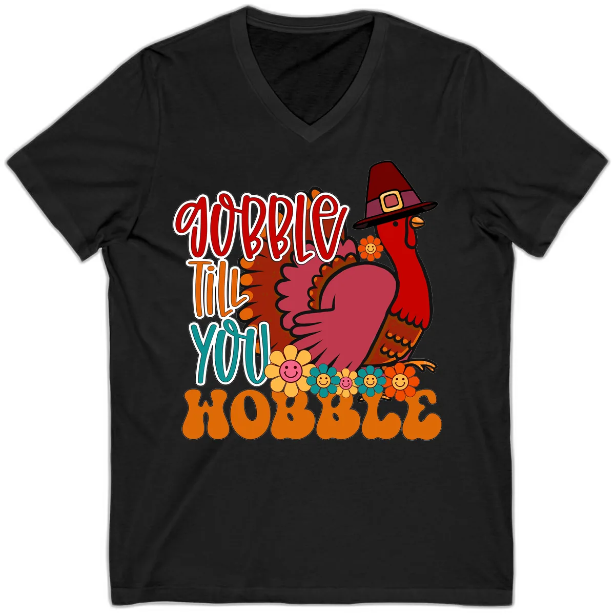 Gobble Till You Hobble Thanksgiving Turkey V-Neck in Black