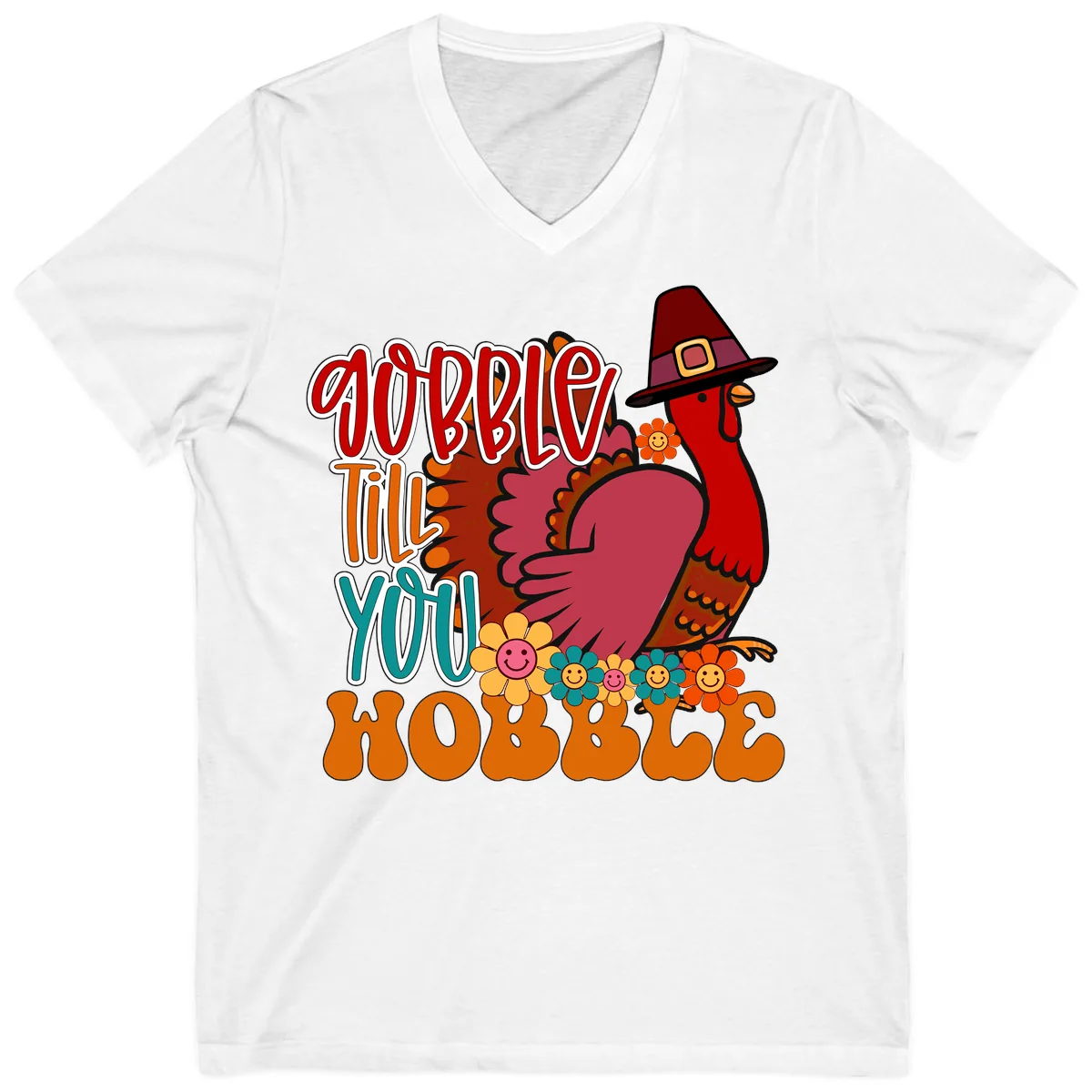 Gobble Till You Hobble Thanksgiving Turkey V-Neck in White