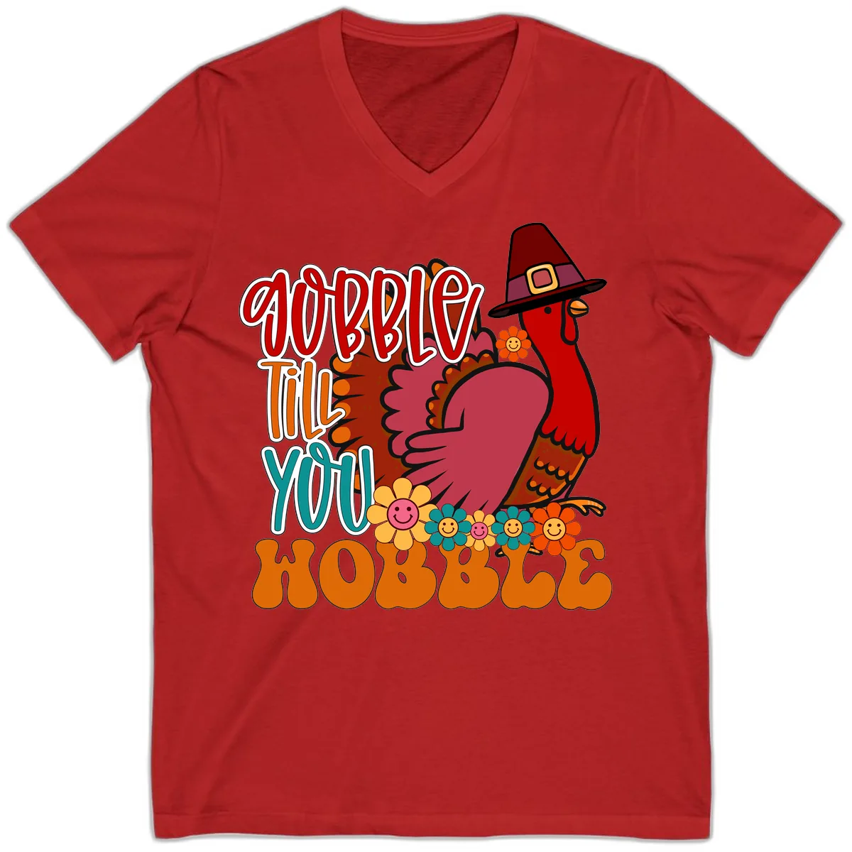 Gobble Till You Hobble Thanksgiving Turkey V-Neck in Red