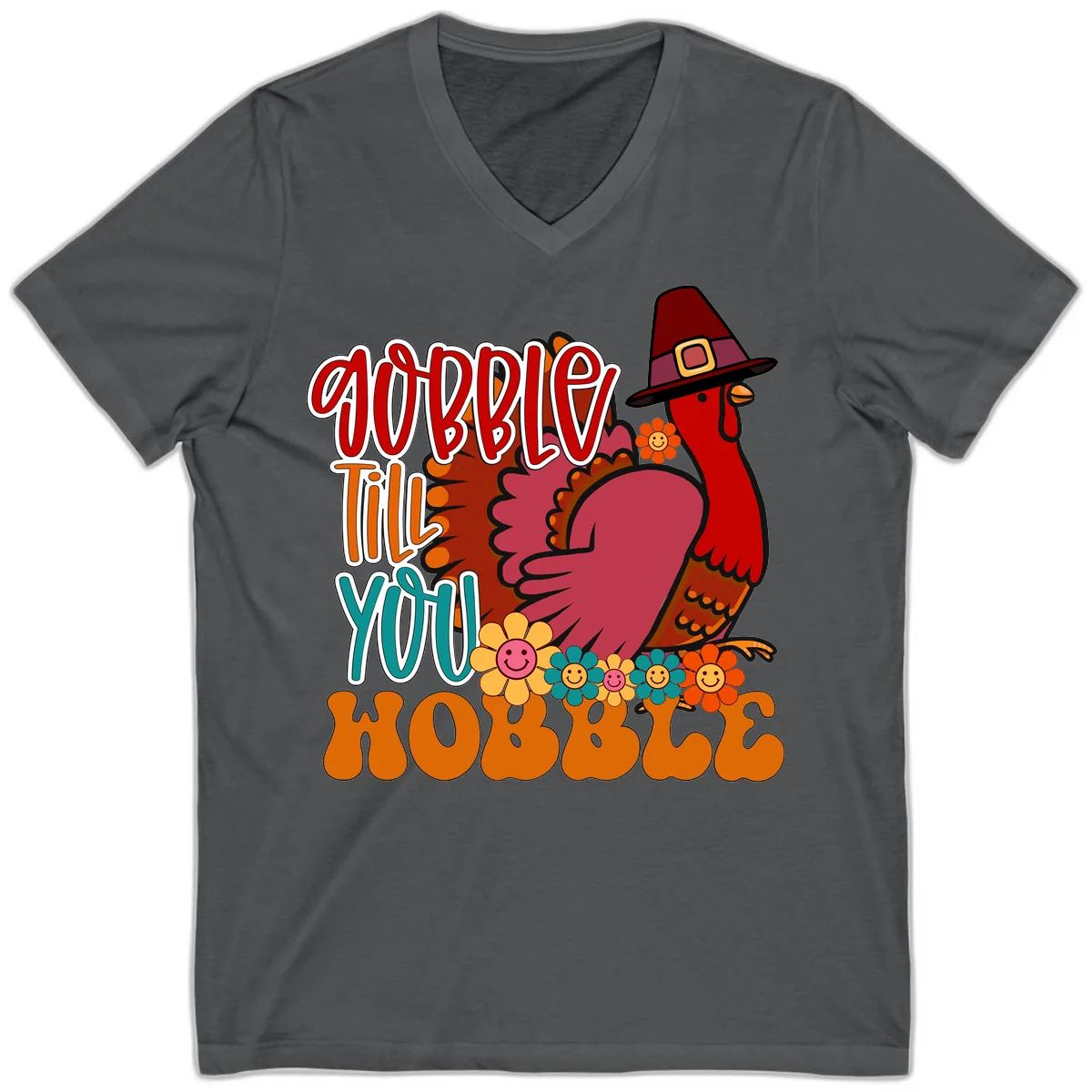 Gobble Till You Hobble Thanksgiving Turkey V-Neck in Asphalt