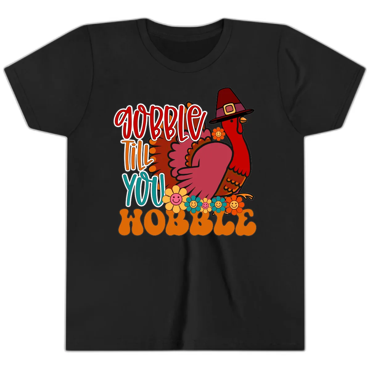 Gobble Till You Hobble Thanksgiving Turkey Youth T-Shirt in Black