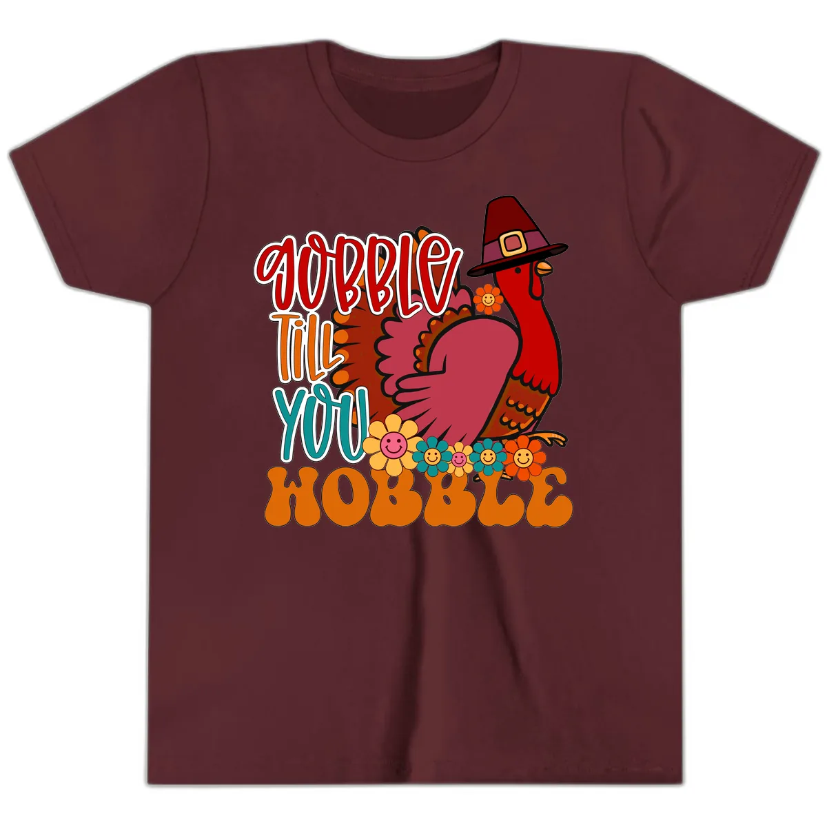 Gobble Till You Hobble Thanksgiving Turkey Youth T-Shirt in Maroon