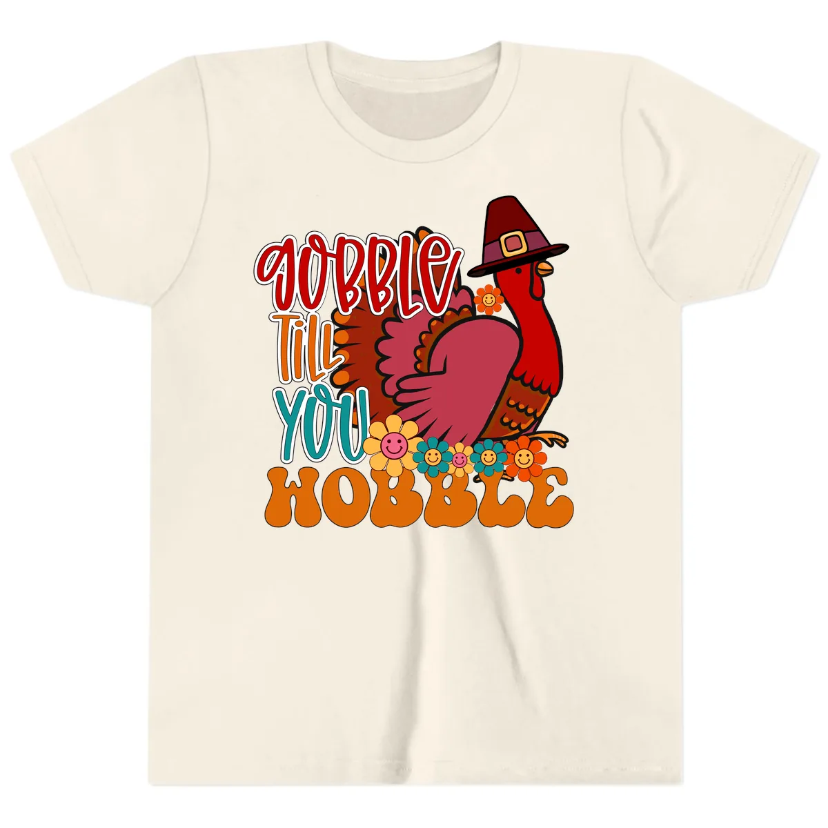 Gobble Till You Hobble Thanksgiving Turkey Youth T-Shirt in Natural