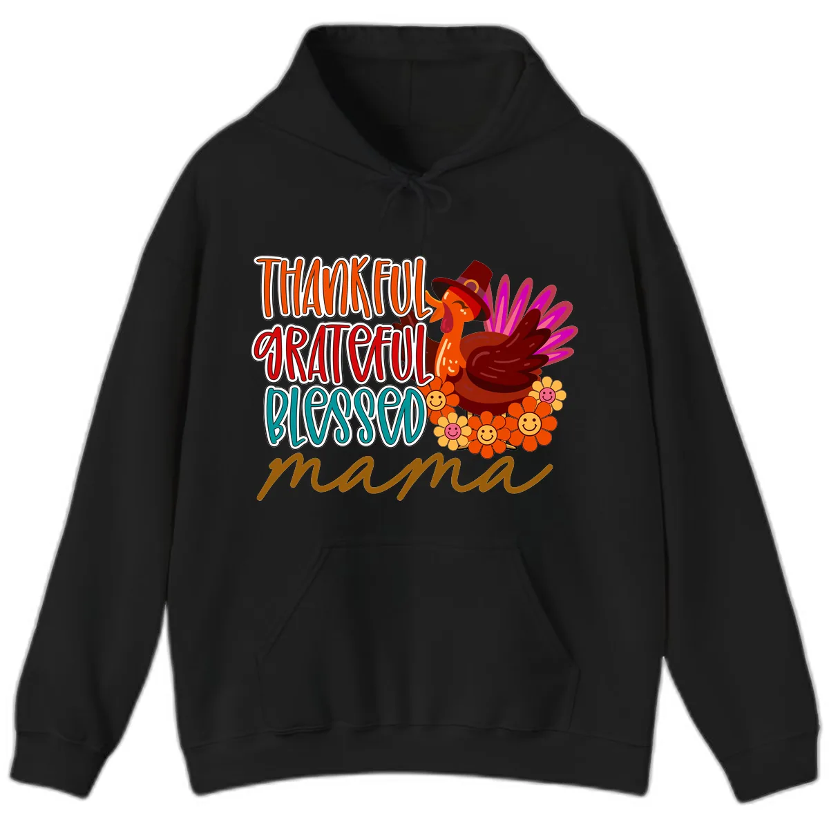 Thanksgiving Mama Turkey Floral Hoodie in Black