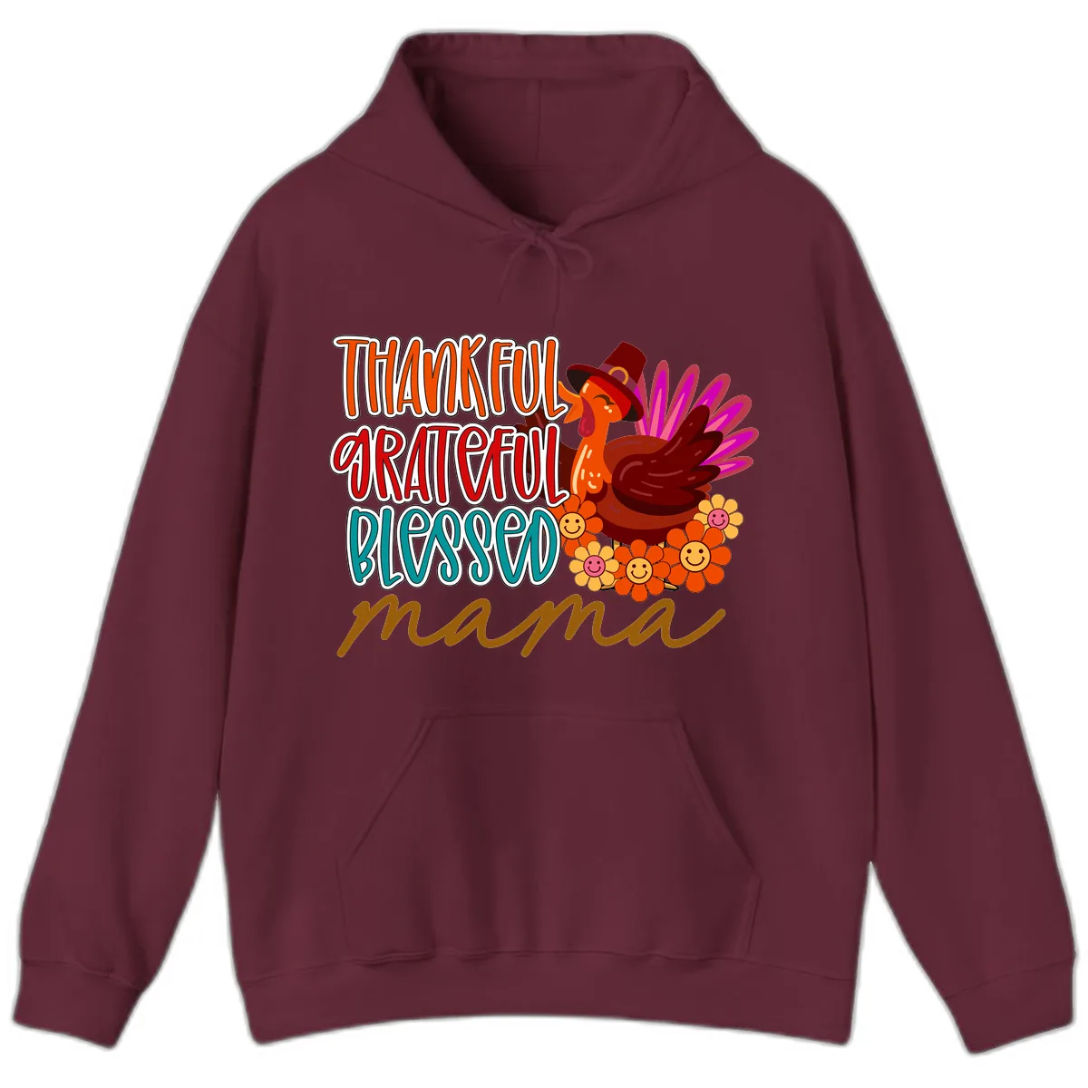 Thanksgiving Mama Turkey Floral Hoodie in Maroon