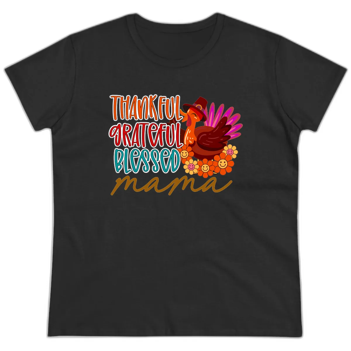 Thanksgiving Mama Turkey Floral Ladies Tee in Black