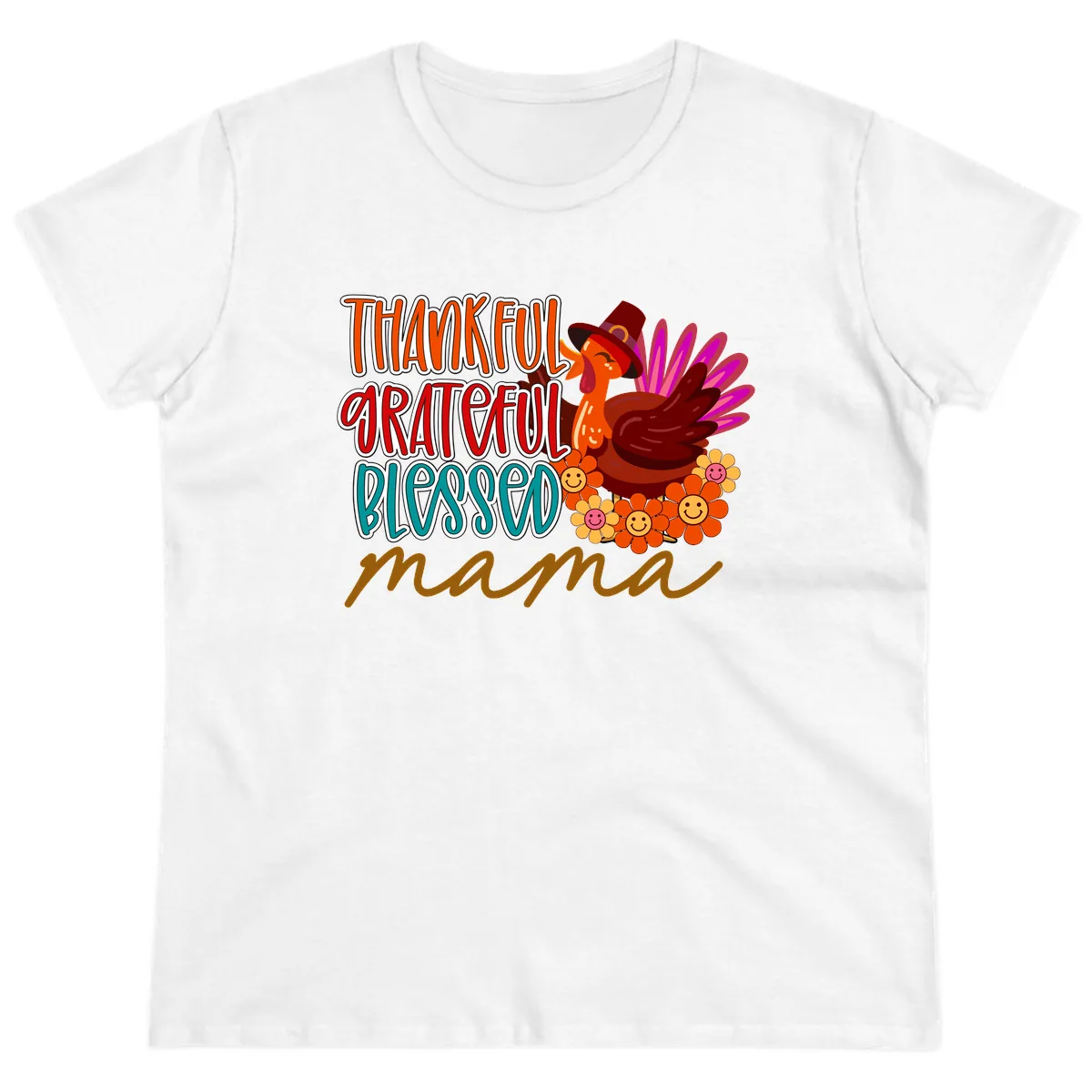 Thanksgiving Mama Turkey Floral Ladies Tee in White