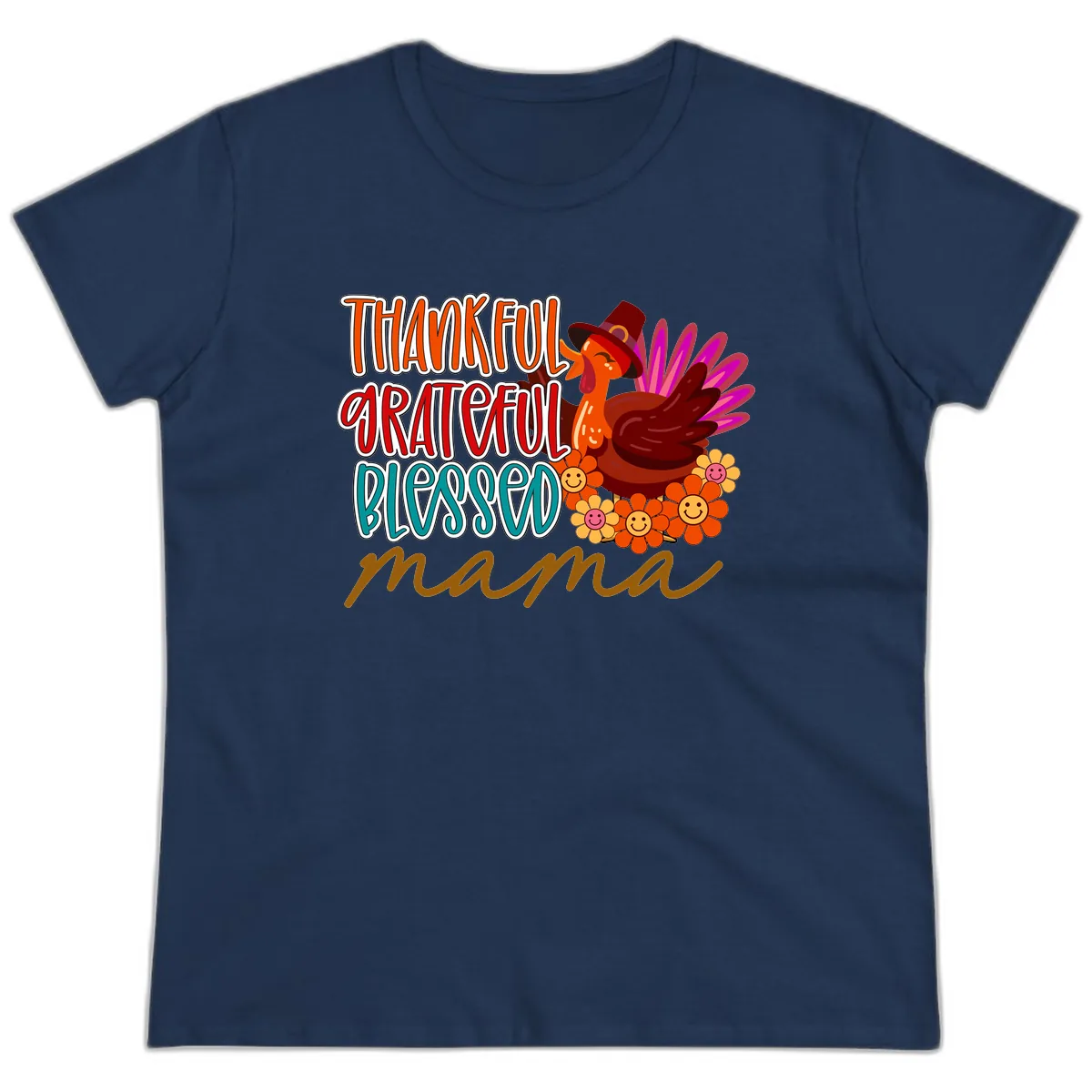 Thanksgiving Mama Turkey Floral Ladies Tee in Navy
