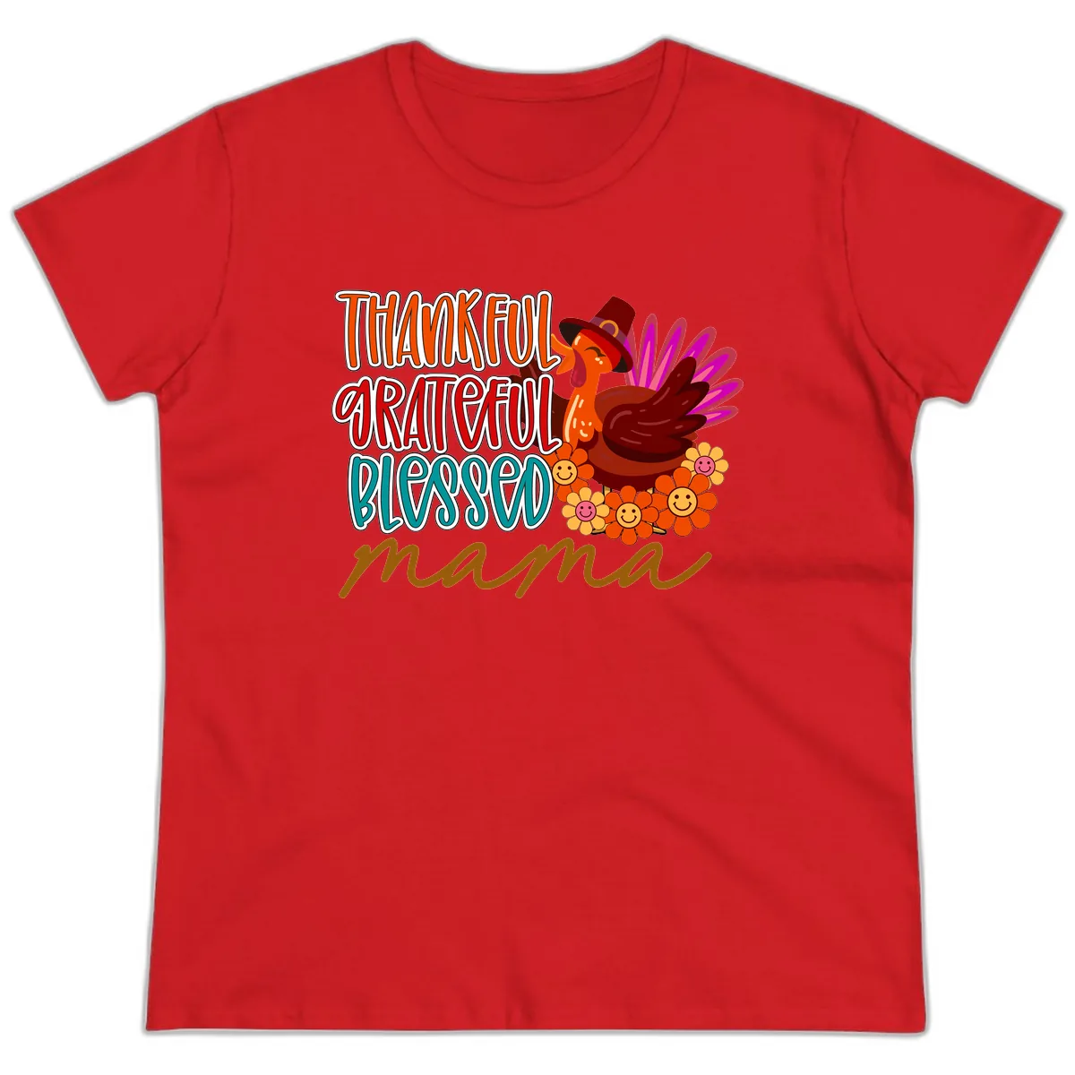 Thanksgiving Mama Turkey Floral Ladies Tee in Red