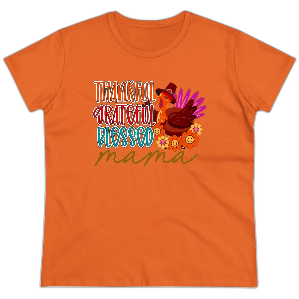 Thanksgiving Mama Turkey Floral Ladies Tee in Orange