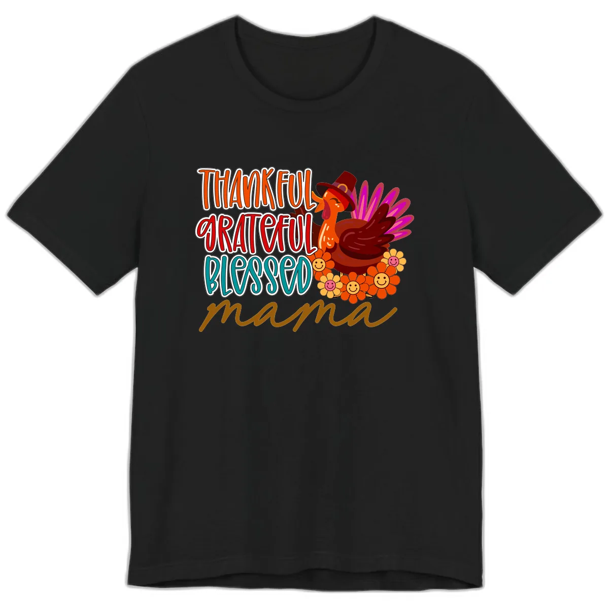 Thanksgiving Mama Turkey Floral Premium T-Shirt in Black