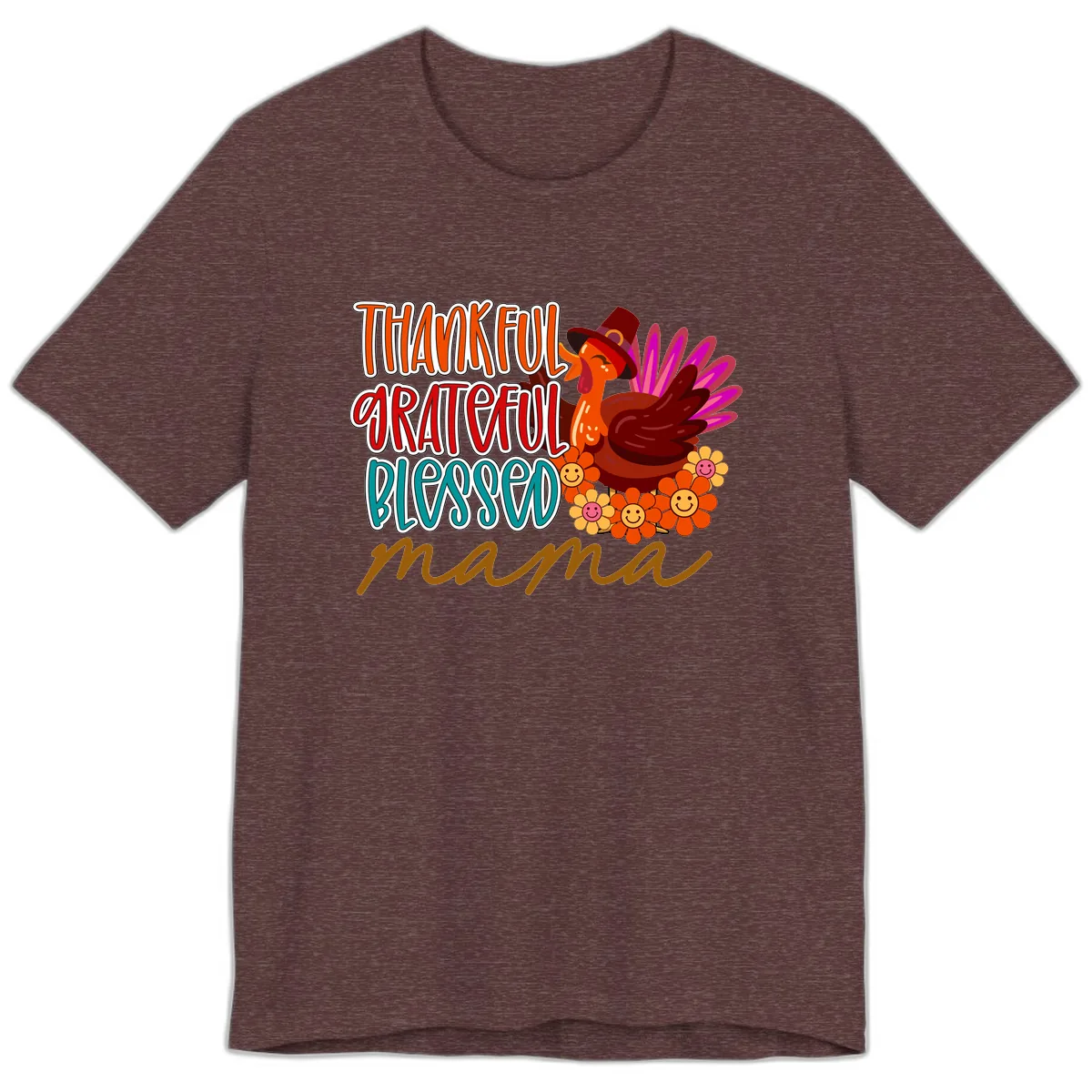 Thanksgiving Mama Turkey Floral Premium T-Shirt in Heather Maroon
