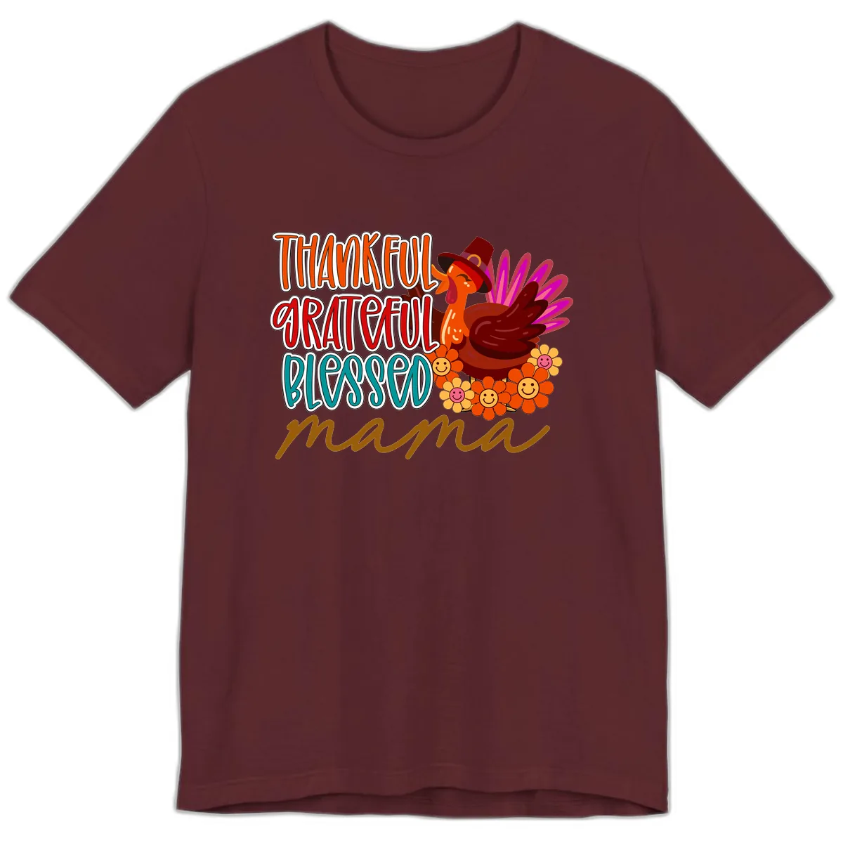Thanksgiving Mama Turkey Floral Premium T-Shirt in Maroon