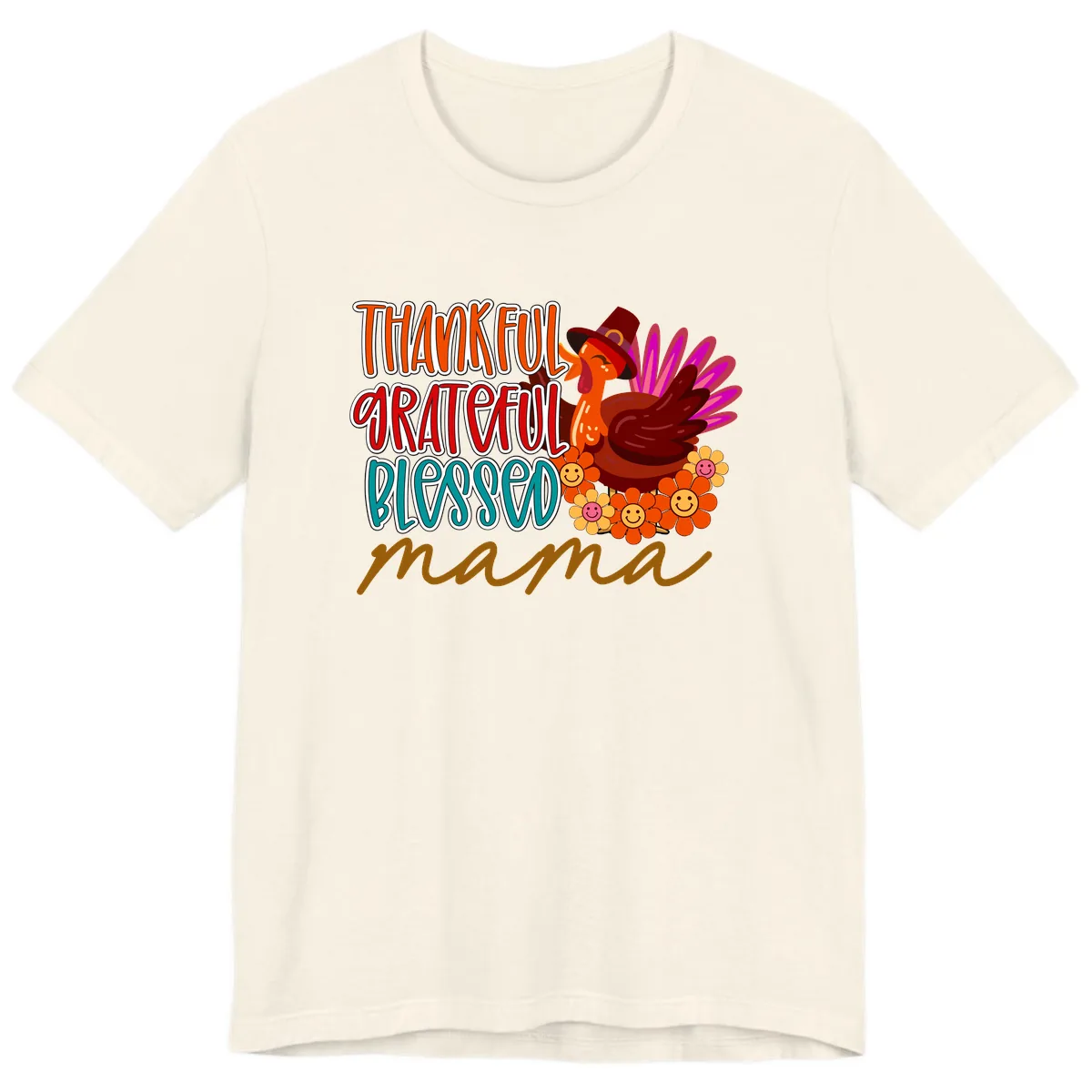 Thanksgiving Mama Turkey Floral Premium T-Shirt in Natural