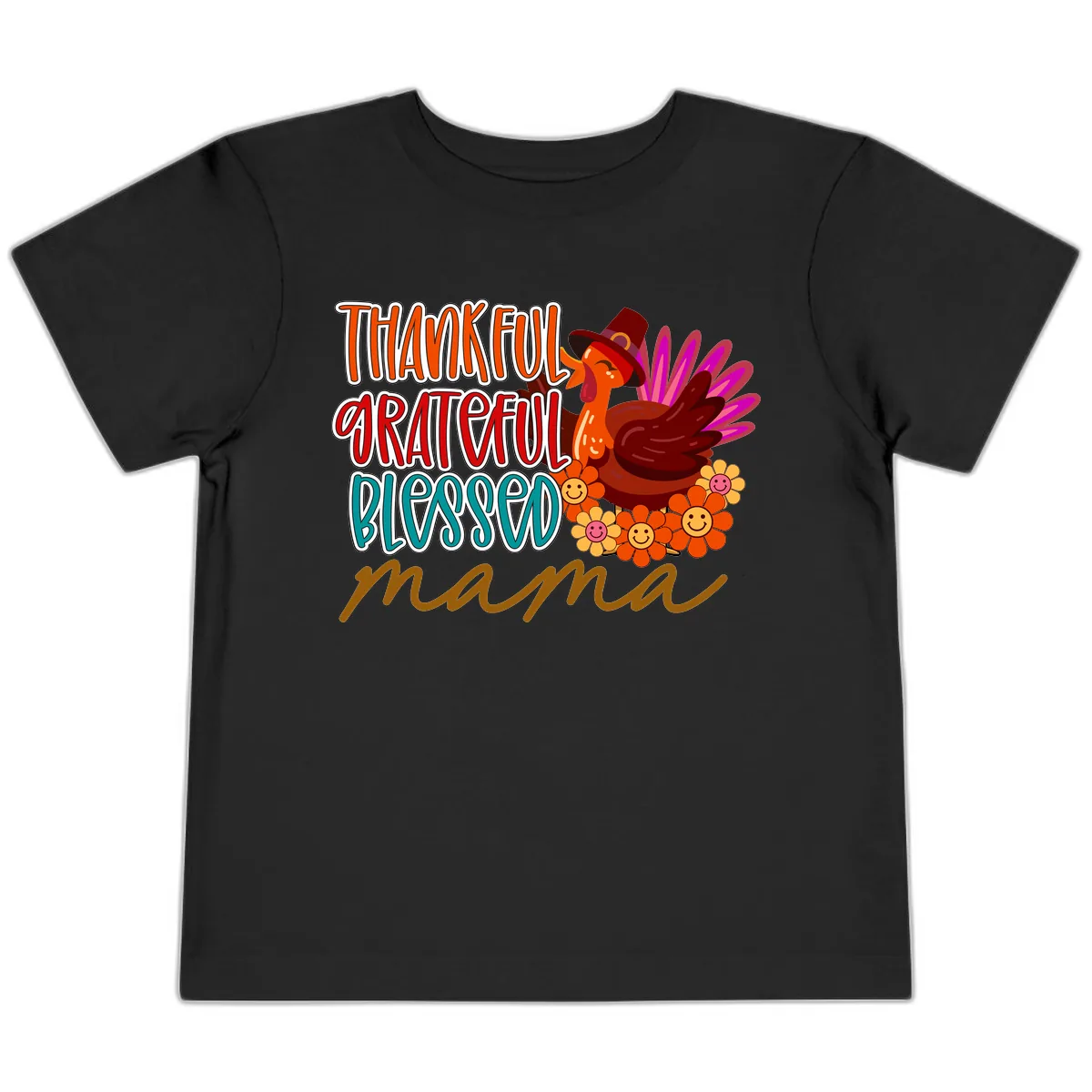 Thanksgiving Mama Turkey Floral Toddler T-Shirt in Black
