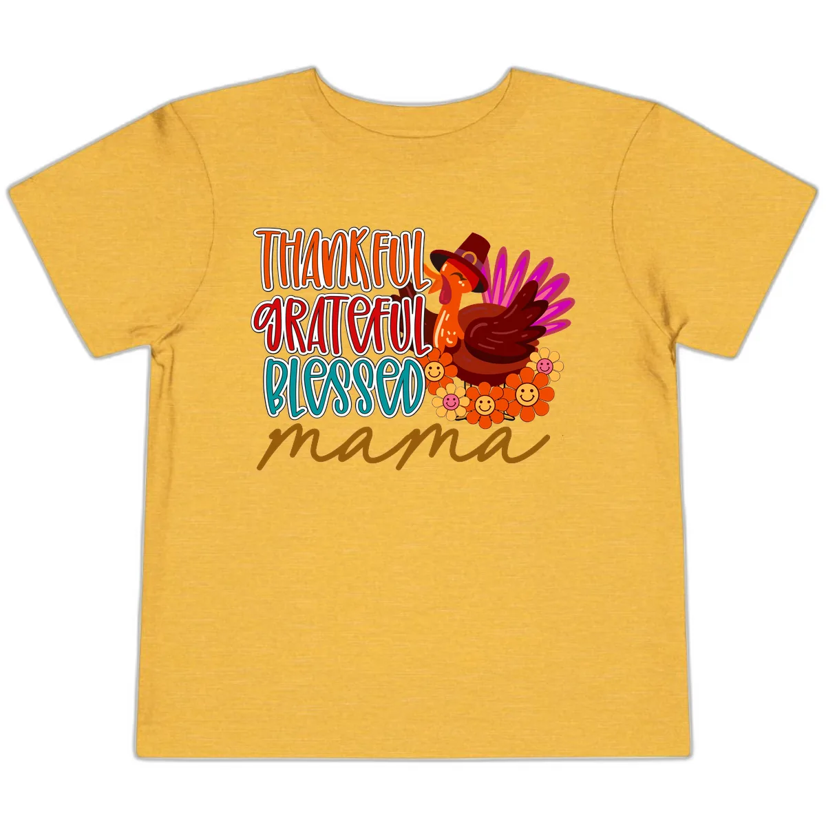 Thanksgiving Mama Turkey Floral Toddler T-Shirt in Heather Yellow Gold