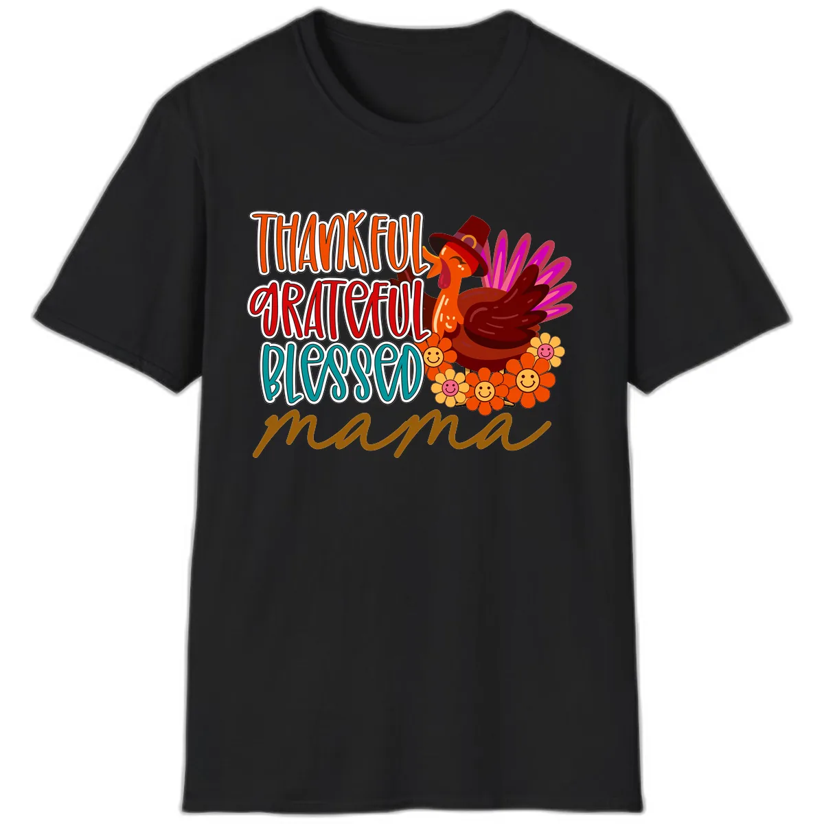 Thanksgiving Mama Turkey Floral T-Shirt in Black