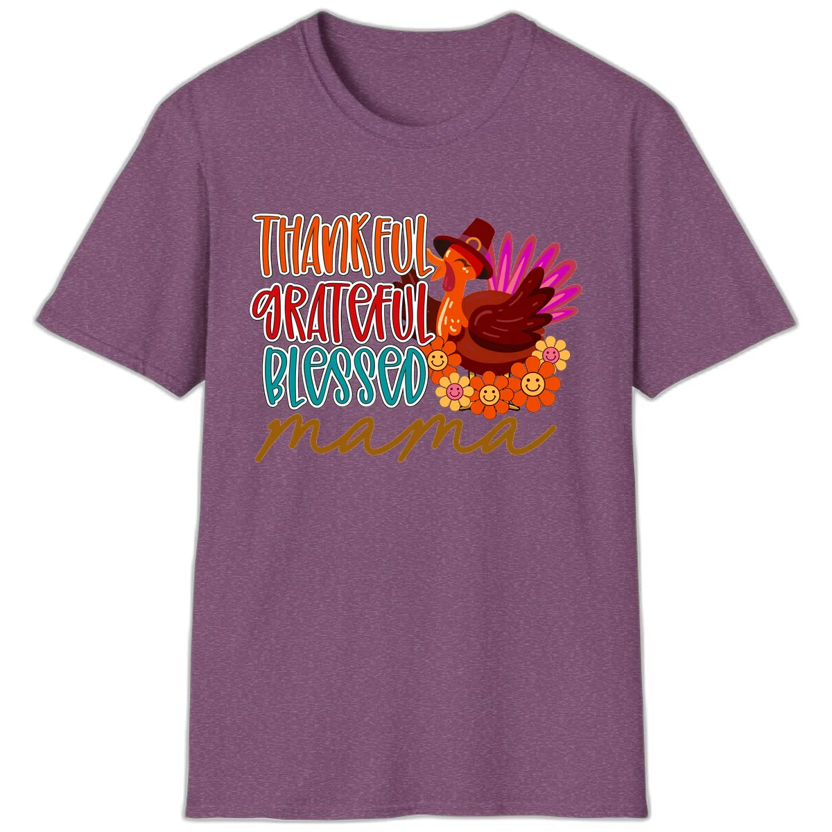 Thanksgiving Mama Turkey Floral T-Shirt in Heather Maroon